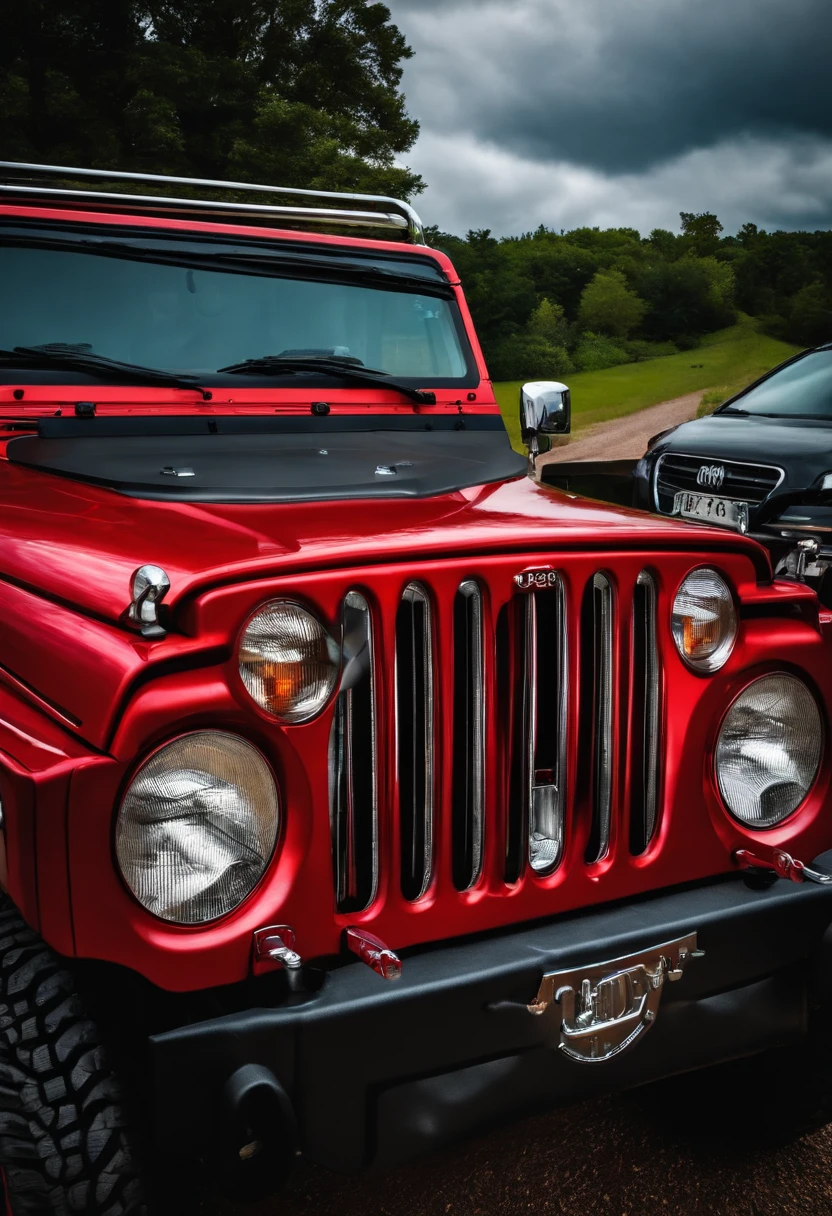 red jeep facing me