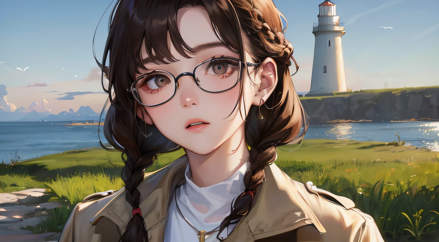 (((1人の女性)))、(Top resolution、Distinct_image) best qualtiy、(((lighthouse)))、masterpiece、ighly detailed、Semi-realistic、Brown hair、eye glass、Braided hairstyle、deadpan、bangss、20yr old、年轻、Beige trench coat、early evening、delicated facial features、Facial features、mid-shot、