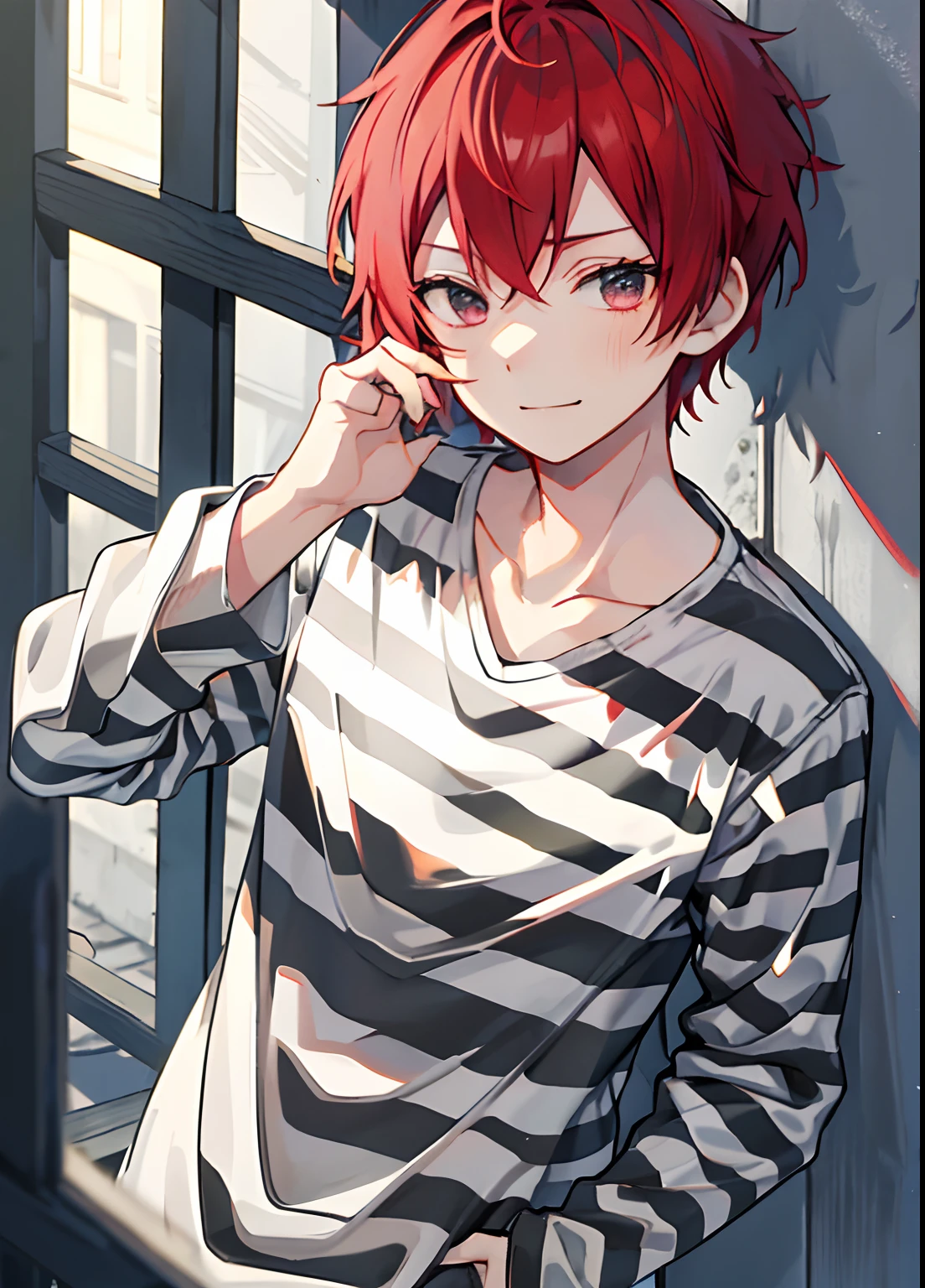 1boy, Handsome man,  Solo,Very short red hair, red hair, up looking_で_viewer, ((masutepiece,Best Quality)), Beautiful detailed eyes, beautifull detailed face、Sleepy face、sleepy expression、A slight smile, (((priclothes))), (((striped clothes))), shirt, outfit, (long sleeves), prisoner, clothes, clothing, black and white stripes, prison cell, young, tight clothes