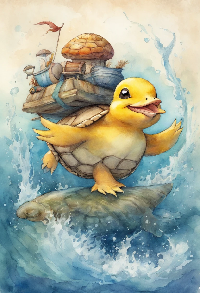 pokemon psyduck riding on a sea turtle in water (water color art style)