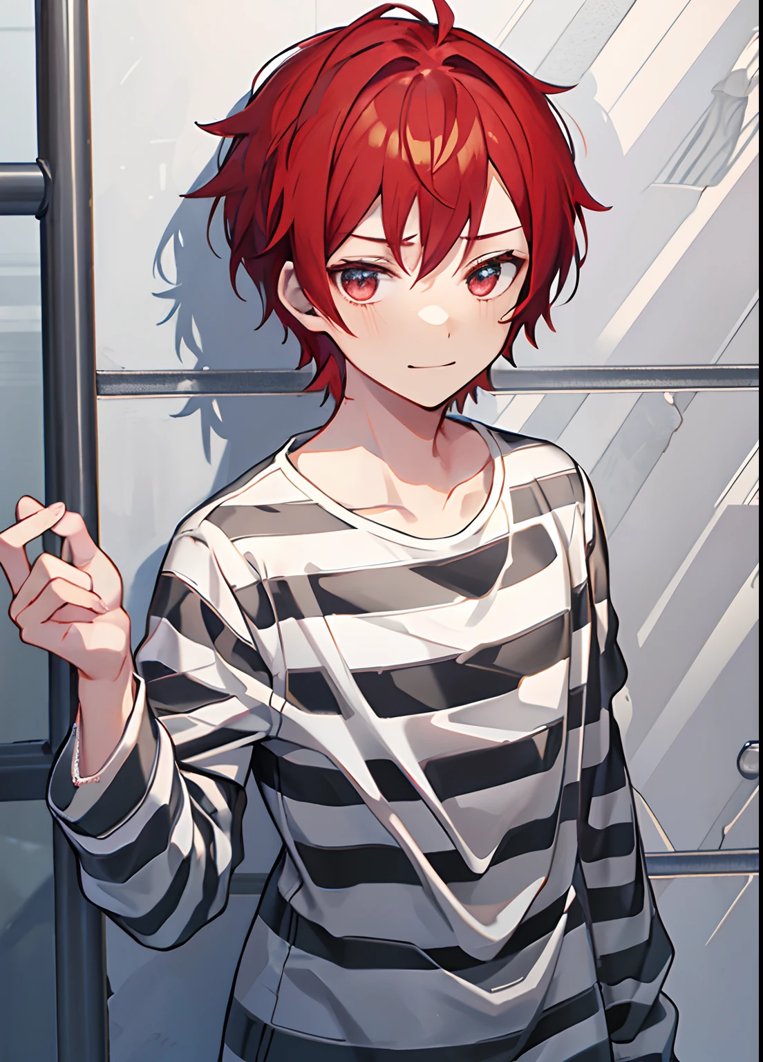 1boy, Handsome man, Solo,Very short red hair, red hair, up looking_で_viewer, ((masutepiece,Best Quality)), Beautiful detailed eyes, beautifull detailed face、Sleepy face、sleepy expression、A slight smile, (((priclothes))), (((striped clothes))), shirt, outfit, (long sleeves), prisoner, clothes, clothing, black and white stripes, prison cell, young