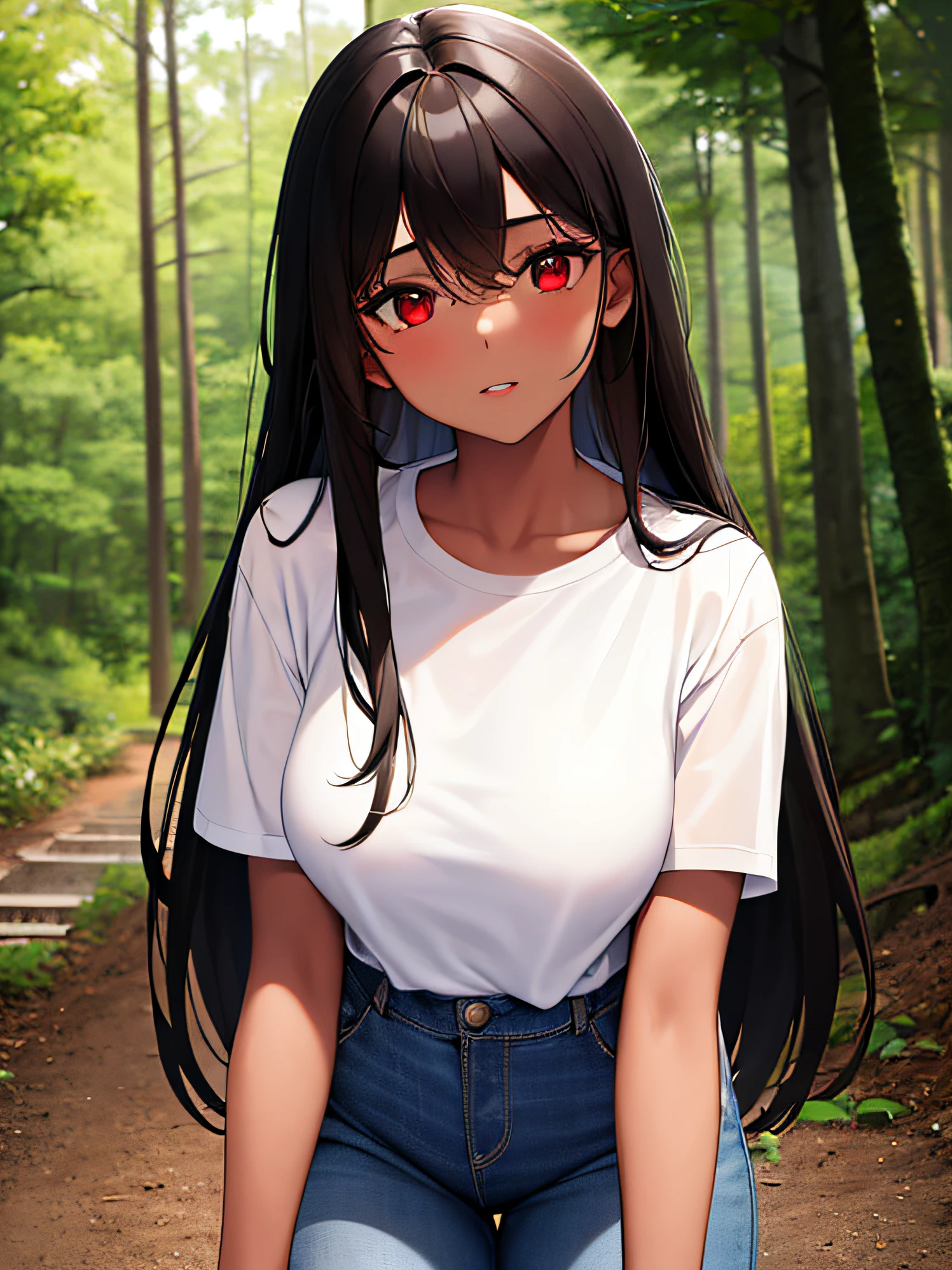 1girl, dark brown skin, long black hair, red eyes, wearing plain white shirt, denim jeans, forest, absurdres, high res, ultrasharp, 8K, masterpiece, looking at viewer