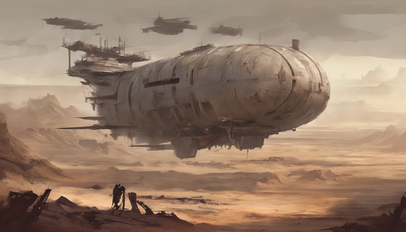 Post-apocalyptic wars, Shades of white, Nero, A desert , shadowing, Gloomy atmosphere, darkly, ((natta)), The breadth of the landscape, book cover,Wasteland,A desert,Dilapidated airship,Mechanical patches,Japanese style。
