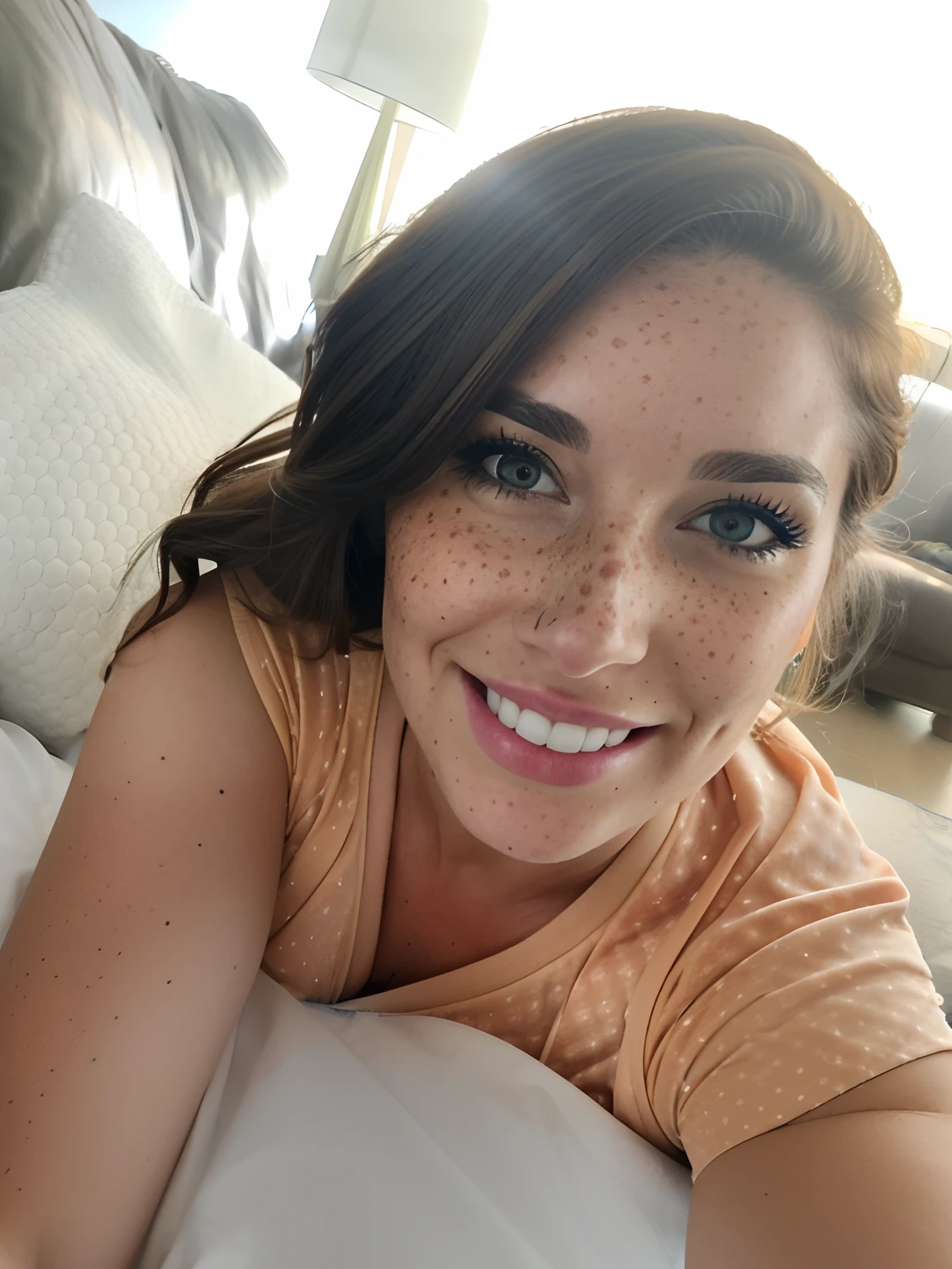 smiling woman laying on the couch with a remote control in her hand, 30 years old woman, 3 0 years old woman, relaxing and smiling at camera, selfie shot straight on angle, 3 2 years old, 3 6 years old, 38 years old, 40 years old women, ((wearing a maid dress)), ((nose freckles)), ((hint of freckles)), ((cleavage showing)), ((medium size boobs)), ((woman with freckles)), ((hint of shoulder freckles)), ((freckles!!!)), ((freckled arms)), ((freckled chest!!!))