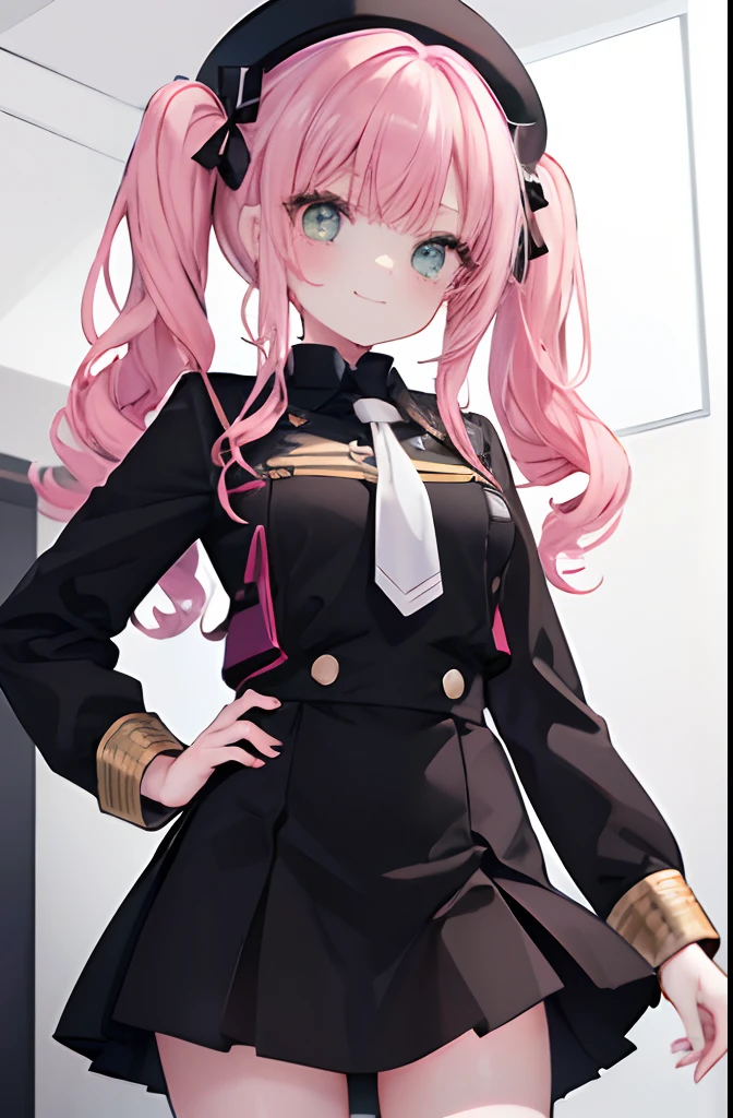 (Best Quality, 8K, masutepiece: 1.5),annette,Spy Classroom,Light pink hair,curly twintails,14years,Small breasts,Light green eyes,Invincible smile,Black One Piece Military Uniform,In a black skirt,Black long boots,yandere,lolish,Small Cap,tusk,