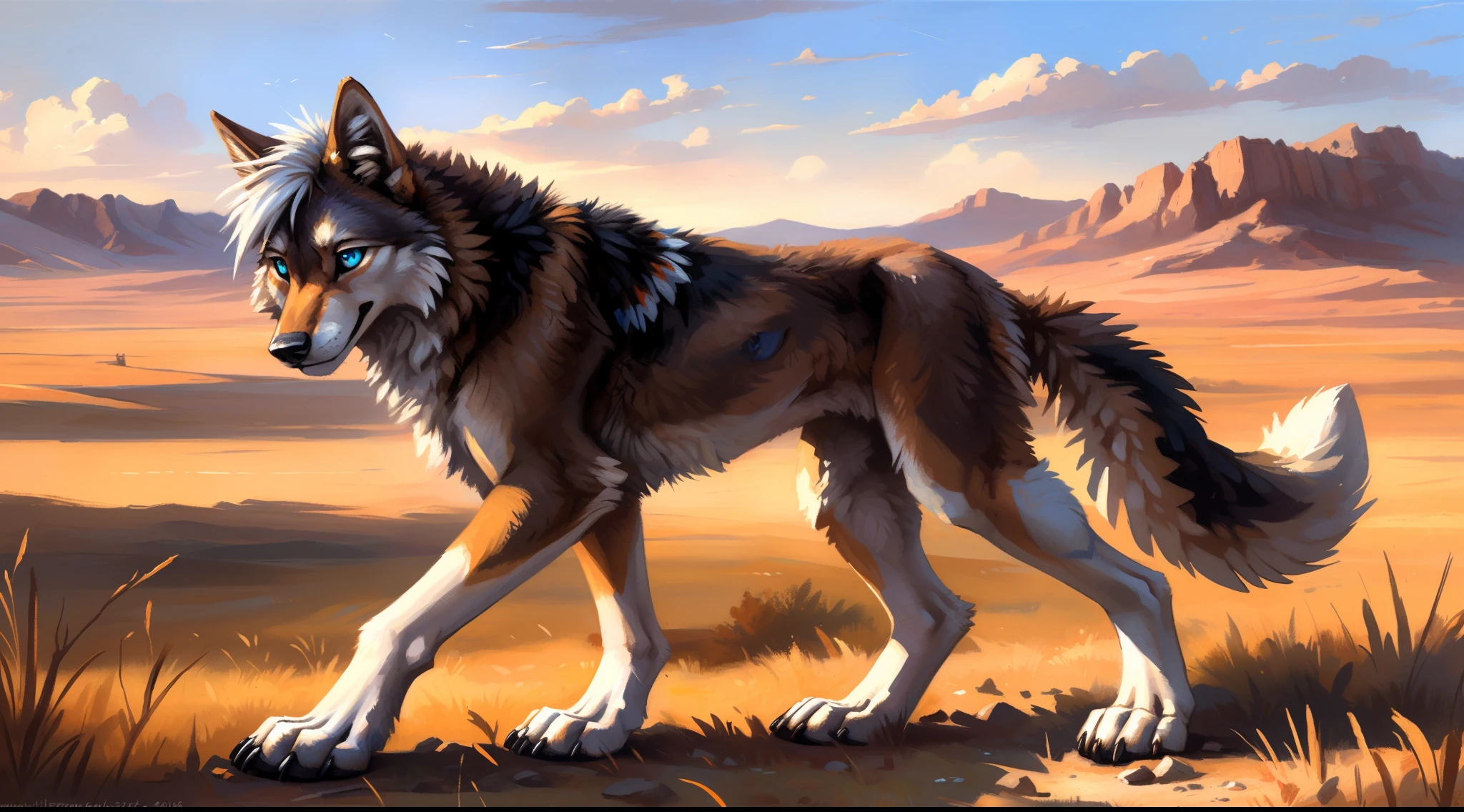 ((Solo)), male people, coyote, (Multi-colored fur, White-brown:1.3), ((Wolf face, White hair, Big eyes, White eyelids, Blue pupil, Slim:1.2) (Tough, Calm expression:1.2)), Abs, Slim, pinging)), (Correct anatomy), The upper body is naked,large tail,Feet,(Realistic fur, Detailed fur texture, labeled:1.3)), (Natural lighting), Photorealistic, Hyperrealistic, ultradetailed, by Kenket,Naked all over the body,Endless grasslands,erect through,On the run