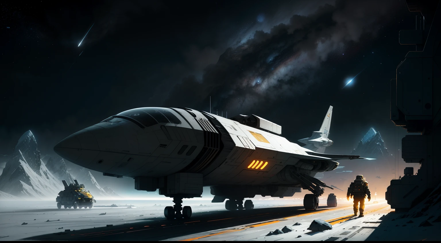 an ultrafine detailed painting of a spacecraft in the middle of the night, space art, landscape with analogous colors, barren planet, rocks, mountains, stars, white plastic panels, negative space, silhouette of spaceman, by John Berkey, by Chris Foss, by Stephan Martiniere, by Robert McCall, by Dan McPharlin, by Ian McQue, cgsociety, BREAK Hypermaximalist, Maximalism, Highres, High Quality, Highly Detailed, Ultra-Detailed