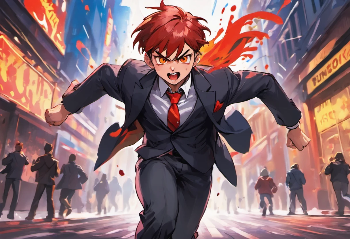 ager running down the street, panting, wearing a suit