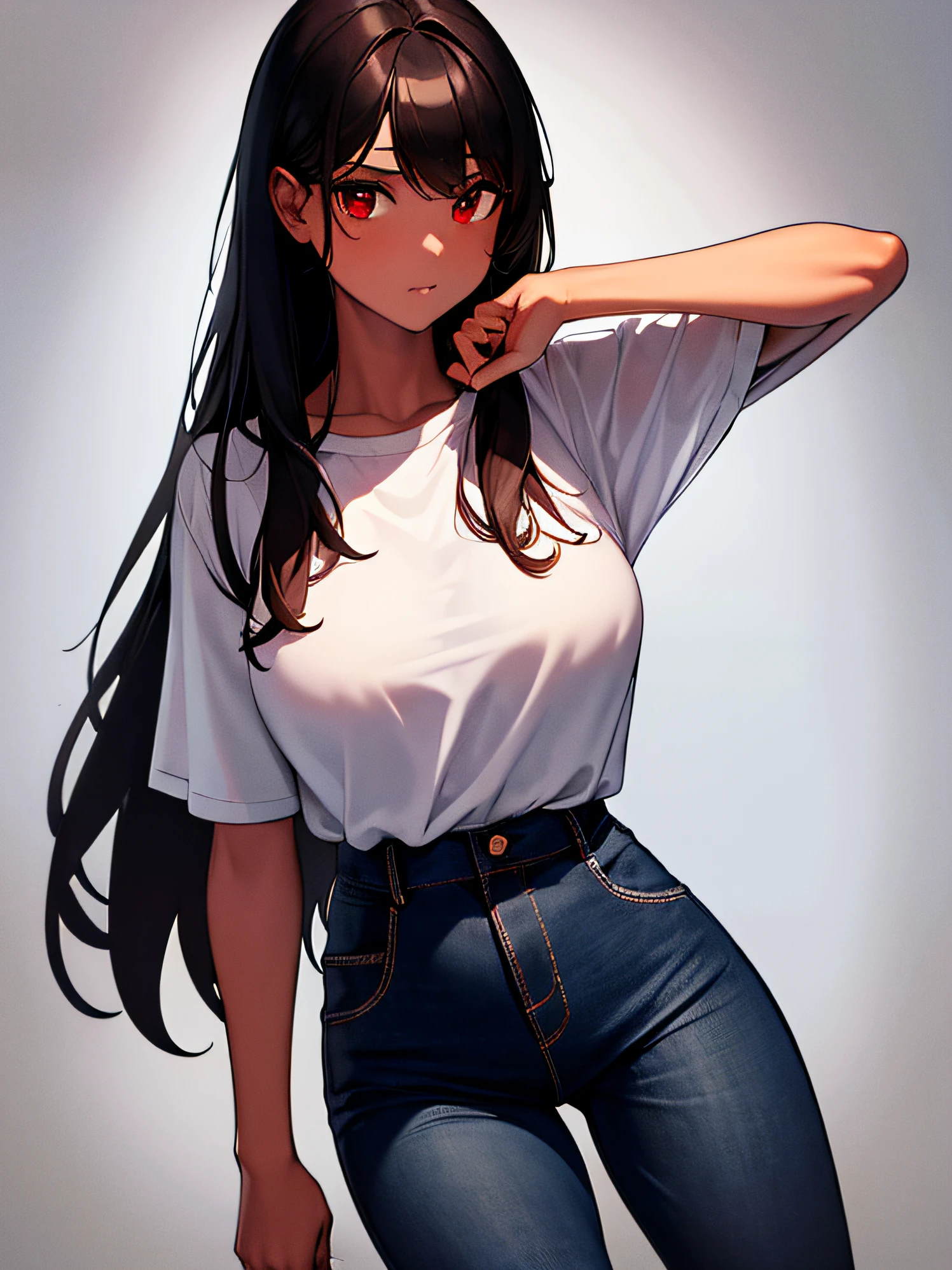 1girl, dark brown skin, long black hair, red eyes, wearing plain white shirt, denim jeans, forest, absurdres, high res, ultrasharp, 8K, masterpiece, looking at viewer
