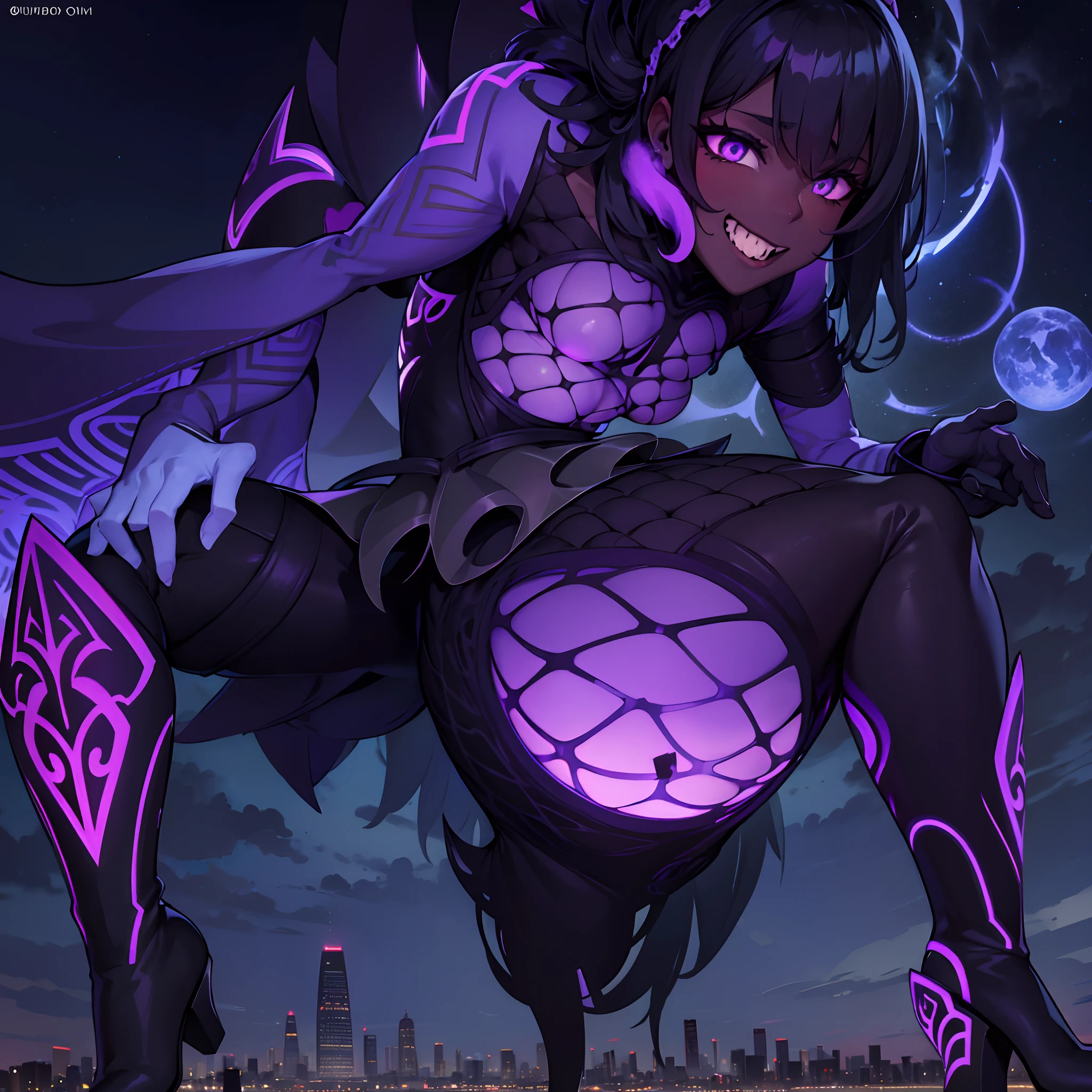 dark skinned female ,large breast,GtsGiga, goth gayru,dark skin,platformed boots,leg high boots,gothich Lolita,princess gown,dark purple hairGtscity,cityscape,clouds,foggy,Looming,fingerless gloves,best quailty,masterpiece,gentle smile,morthely,mature female,full body,1girl,solo,milf,blacklight,kaiju