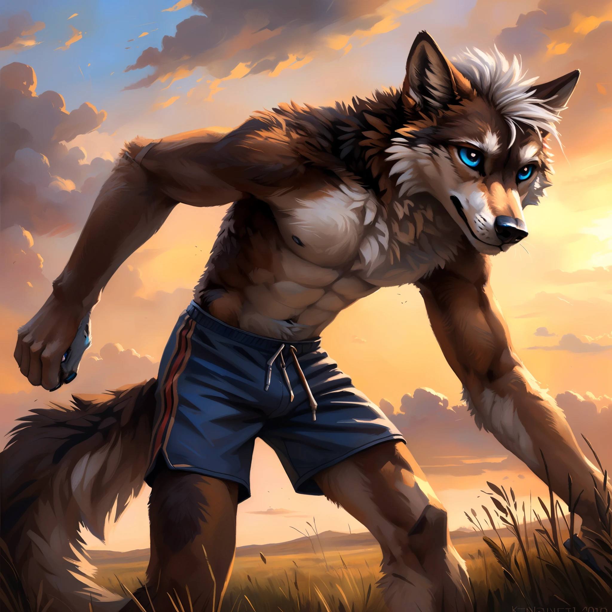 ((Solo)), male people, anthro wolf, (Multi-colored fur, White-brown:1.3), ((Wolf face, White hair, Big eyes, White eyelids, Blue pupil, Slim:1.2) (Tough, Calm expression:1.2)), Abs, Slim, pinging)), (Correct anatomy), (Work shorts:1.1), (Contour bone:1.2), The upper body is naked, (detailed outfits),large tail，Feet，(Realistic fur, Detailed fur texture, labeled:1.3)), (Natural lighting), Photorealistic, Hyperrealistic, ultradetailed, by Kenket，Endless grasslands，No buildings，erect through