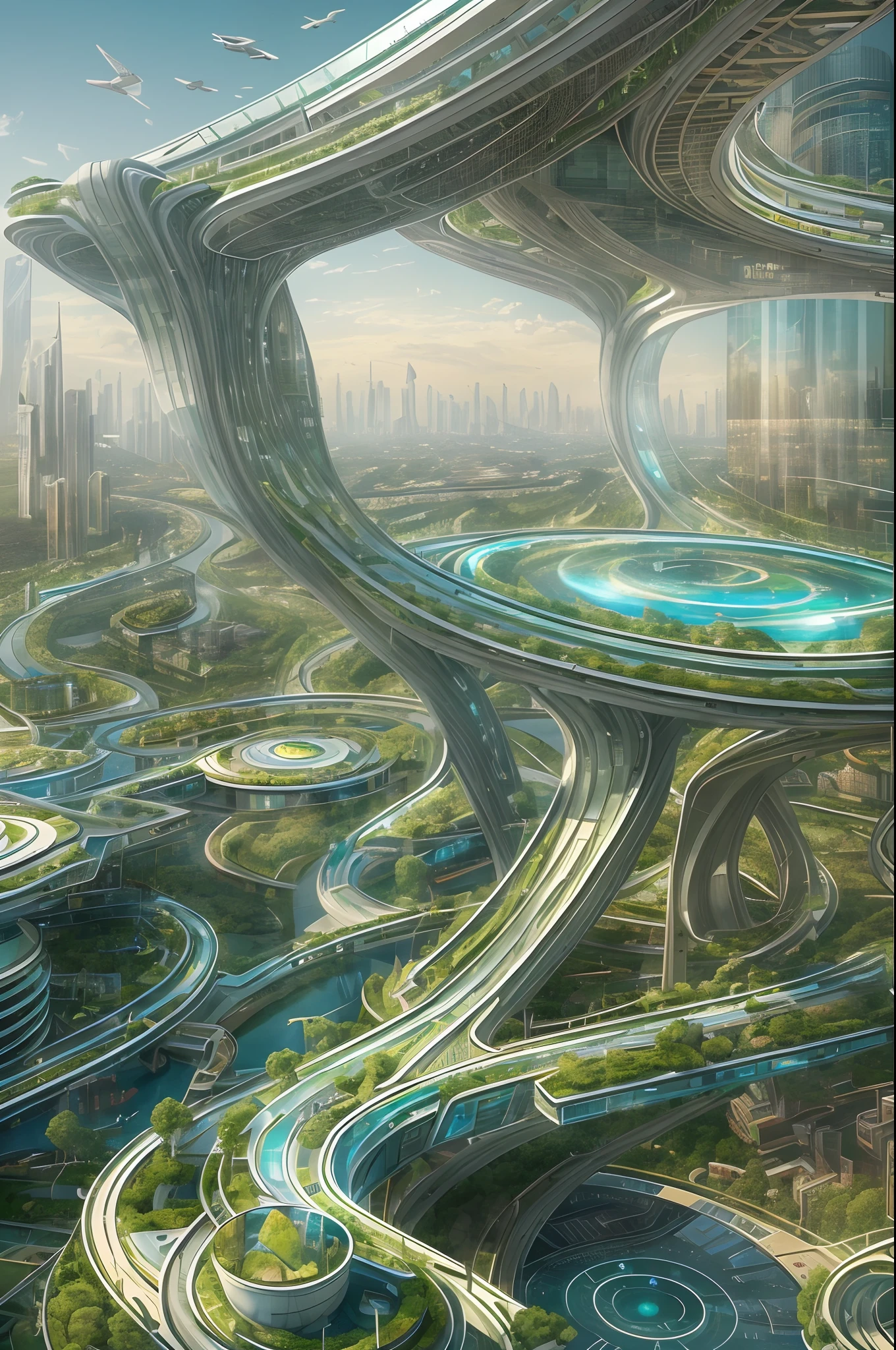 Cidade futuristica，afofuturism，mirai，moderno，Rounded，connections，Buildings are connected to each other，Ribbon-like，glass，Light，Plants have，buliding，concrete，glass wall，Plants combined with cities，Forest City，flying cars，air vehicle，Electronic screens，holographic projections，Fantasticism，fanciful，24th century