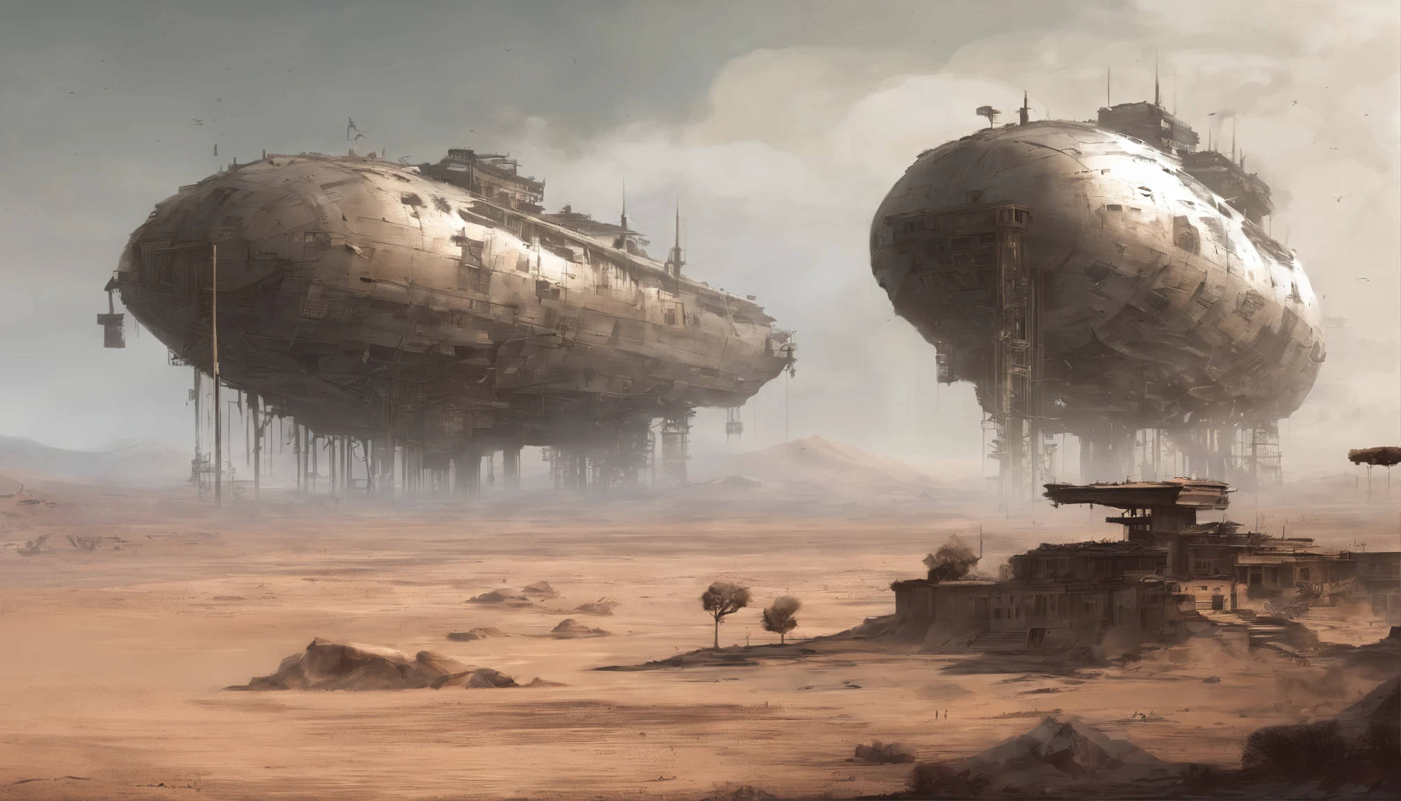 Post-apocalyptic wars, Shades of white, Nero, A desert , shadowing, Gloomy atmosphere, darkly, ((natta)), The breadth of the landscape, book cover,Wasteland,A desert,Dilapidated airship,Mechanical patches,Japanese style。