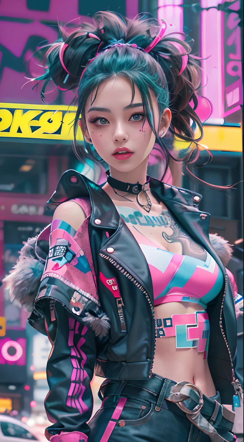 masterpiece, best quality, Confident cyberpunk girl, full body shot, ((standing in front of motorcycle)), Harajuku-inspired pop outfit, bold colors and patterns, eye-catching accessories, trendy and innovative hairstyle, vibrant makeup, Cyberpunk dazzling cityscape, skyscrapers, neon signs, LED lights, bright and vivid color scheme, anime, illustration, detailed skin texture, detailed cloth texture, beautiful detailed face, intricate details, ultra detailed.