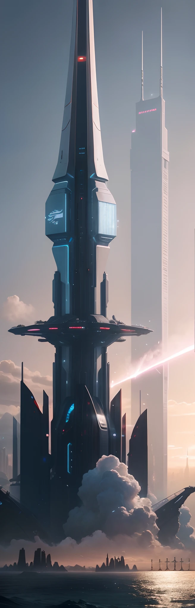 The future city,Greater Bay Area,HD real,Very detailed background by the sea,Sunset moment,The only huge sword-shaped skyscraper,Like a rocket,Curved roof,(From a distance, It looks like 1 ancient sword stuck in the sea)Tall structures,ultra - detailed,Very high definition,Heavy traffic,Various luminous flying machines,Glowing spaceship,Prosperity remains,sci fi city,Cidade futuristica, fanciful, 24th century ,futuristic cyberpunk city, cyberpunk dreamscape, sci fi city,GlowingRunesAIV2_Light blue megacities,(非常详细的 CG 统一 8k 壁纸),The most beautiful photos of outer space artworks,scifi spacescape,planetes,full-figure,Full picture,