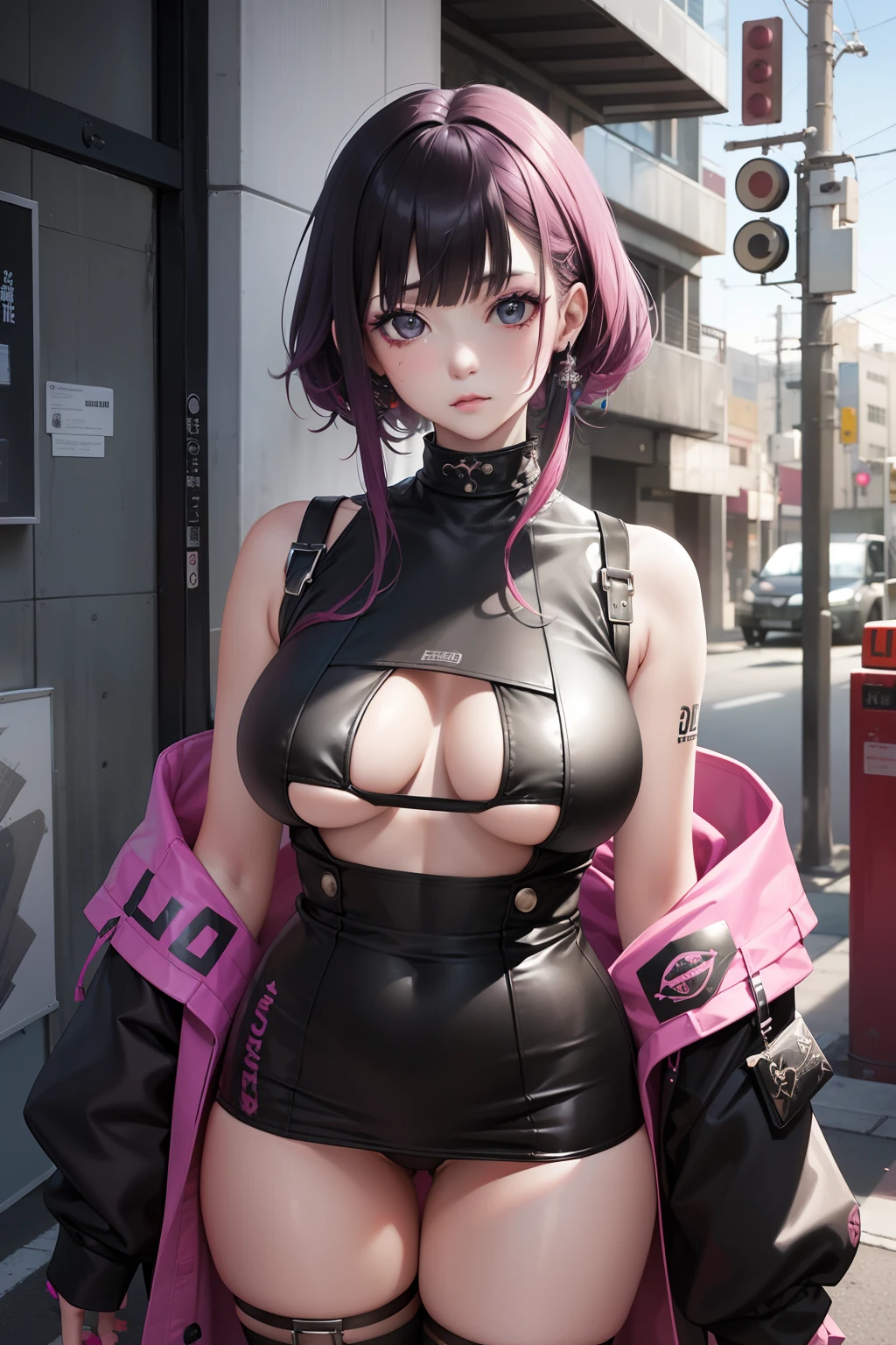 masuter piece:1.2、top-quality)、(Live action、Intricate details)、(1lady、独奏、The upper part of the body、Colossal tits) garments: Edgy、Black jumper、Pink mini skirt、Avant-garde、Experimental appearance: Long pink hair、Dramatic makeup、Unconventional fashion choices behavior: Rebel、Japanese dress、Kimono appearance、punk、Anti-system、Provocative Location: urban art district、Underground Music Scene Hobbies: Bad girl、Create mixed media art、Experiment with different subcultures values: individuality、authenticity、Creative Expression Inspiration: Runaway Ladies Leader、secretary-general、Counterculture icons、Nature: boldness、Unconventional。