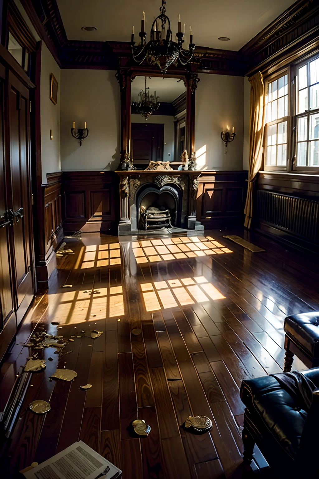 A room that belongs to an angry villain, dark, scary, fire on floor, mood is destruction, malevolence, jeopardy, fear, vulnerability, fleeing, demeaning.