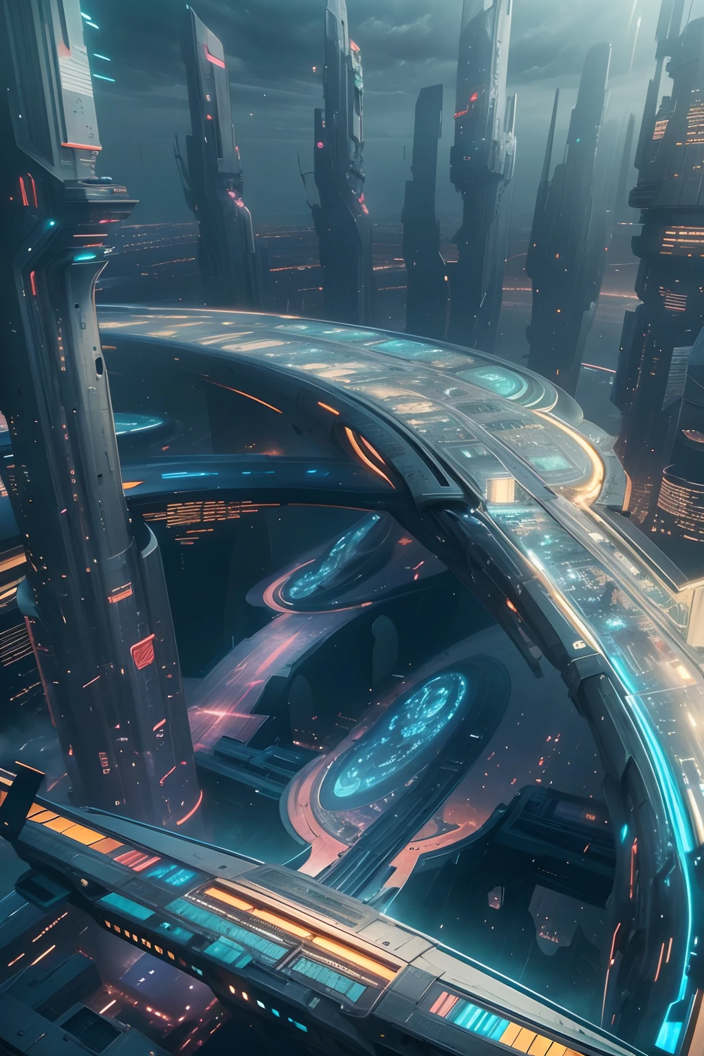 Foto realism, The ultra-detailliert, 4K, depth of fields, A high resolution，(Need)), ((tmasterpiece)), (A detailed)，future-tech，Cidade futuristica，Future girl by the window，clean energy，Green environmental protection，Small flying machines sail around the city，Futuristic city with futuristic train and futuristic architecture at night， future concept art， Other future cities， in fantasy sci - fi city， Beautiful futuristic city， Utopian cities of the future， concept art 8 k resolution， concept art 8k resolution， The future city， futuristic space port， concept art 8 k， sci-fi hollywood concept art