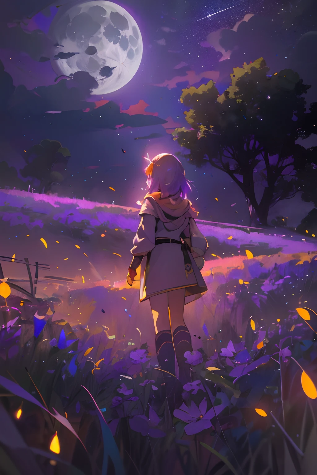 Vast landscape photo, (viewed from below, the sky is above and the open field is below), a girl standing on a flower field looking up, (full moon: 1.2), (meteor: 0.9), (nebula: 1.3), distant mountains , Trees BREAK Crafting Art, (Warm Light: 1.2), (Fireflies: 1.2), Lights, Lots of Purple and Orange, Intricate Details, Volumetric Lighting, Realism BREAK (Masterpiece: 1.2), (Best Quality), 4k, Ultra-Detailed, (Dynamic Composition: 1.4), Very Detailed, Colorful Details, (Rainbow Colors: 1.2), (Glow Lighting, Atmospheric Lighting), Dreamy, Magical, (Solo: 1.2)