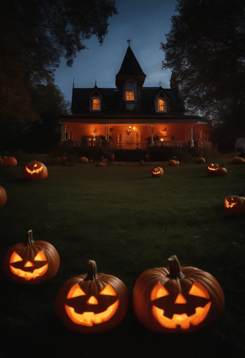 halloween pumpkins in a field with a house in the background, halloween theme, halloween atmosphere, spooky halloween theme, halloween celebration, spooky and scary atmosphere, haunted house themed, halloween night, spooky halloween night, halloween scene, scary night, jack - o'- lantern, halloween art style, trick or treat, background artwork, halloween film, halloween, haunting and spooky with a red jpx jeep in the center, facing me,