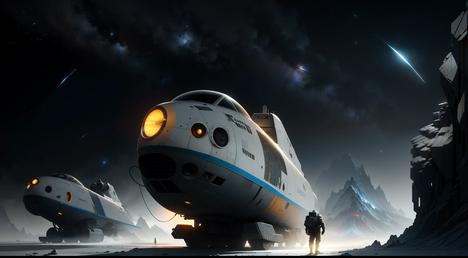 an ultrafine detailed painting of a spacecraft in the middle of the night, space art, landscape with analogous colors, barren planet, rocks, mountains, stars, white plastic panels, negative space, silhouette of spaceman, by John Berkey, by Chris Foss, by Stephan Martiniere, by Robert McCall, by Dan McPharlin, by Ian McQue, cgsociety, BREAK Hypermaximalist, Maximalism, Highres, High Quality, Highly Detailed, Ultra-Detailed