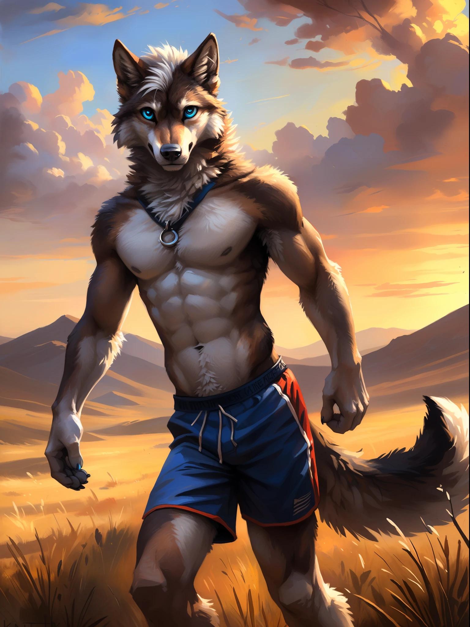 ((Solo)), male people, anthro wolf, (Multi-colored fur, White-brown:1.3), ((Wolf face, White hair, Big eyes, White eyelids, Blue pupil, Slim:1.2) (Tough, Calm expression:1.2)), Abs, Slim, pinging)), (Correct anatomy), (Work shorts:1.1), (Contour bone:1.2), The upper body is naked, (detailed outfits),A big tail，Feet，(Realistic fur, Detailed fur texture, labeled:1.3)), (Natural lighting), Photorealistic, Hyperrealistic, ultradetailed, by Kenket，Endless grasslands，No buildings，Running on