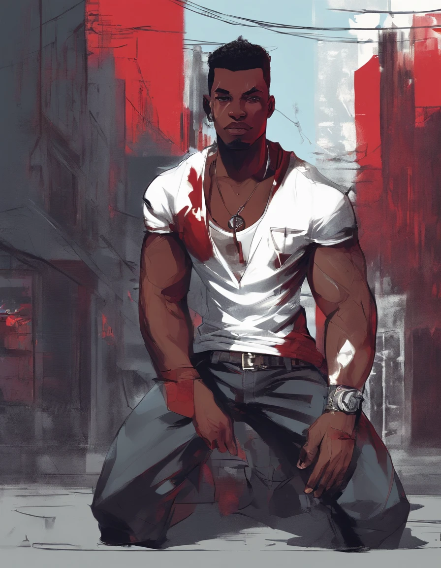 (((black:1.5, red:1.1, white:1.3))) Semirealistic style, masterpiece, best quality, black skinned adult male, late 20s, street thug, A black ager, character, very tall, muscular, with short hair, brown eyes, solo, this man has a burn mark in the left side of his face. He is wearing a white tank top and dark red unzipped jacket, his leg wear consists of blue jeans, and a silver necklace. 8k, artstation, sharp focus, high details, standing on a city street, official artwork, official art, album art,