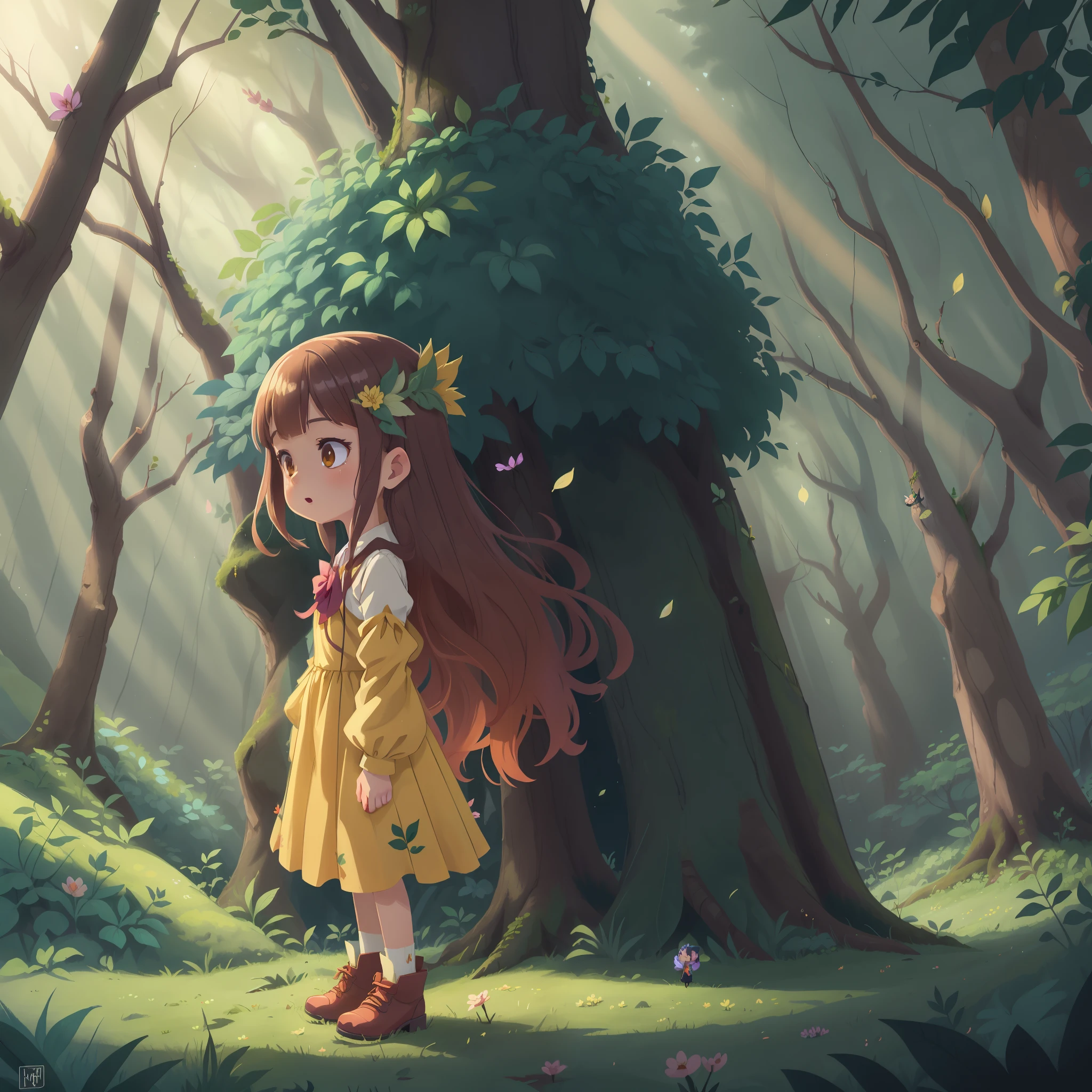 Anime girl in a yellow dress standing in a forest with fairies and enchanted creatures full of magic , anime exuberante john 8k madeiras, in a magical forest, in the magical forest, perdidos na floresta, illustration Anime style, perdidos em uma floresta, em uma floresta profunda, na floresta profunda, em uma floresta densa, Fanart oficial, na floresta, anime em estilo fantasia. acrescente fadas brilhantes e criaturas misteriosas