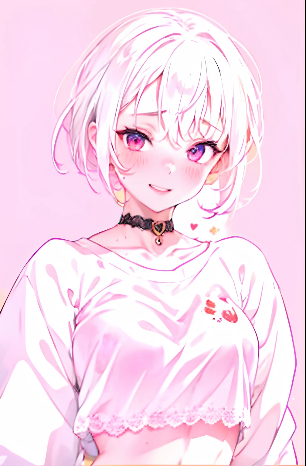 1girl in, Heart-shaped pupil, Fingernails, White hair, Purple eyes, (blush:1.1), Choker, Upper body, trembling, Sweat, sweat drop, heart mark, (medium breasts:0.6), Koi, heart mark, croptop, Happy, Smile,  Lace, Bokeh, (hitornfreckles:0.8), Natural Skin Texture, Portrait, (Red_Background:1.3),