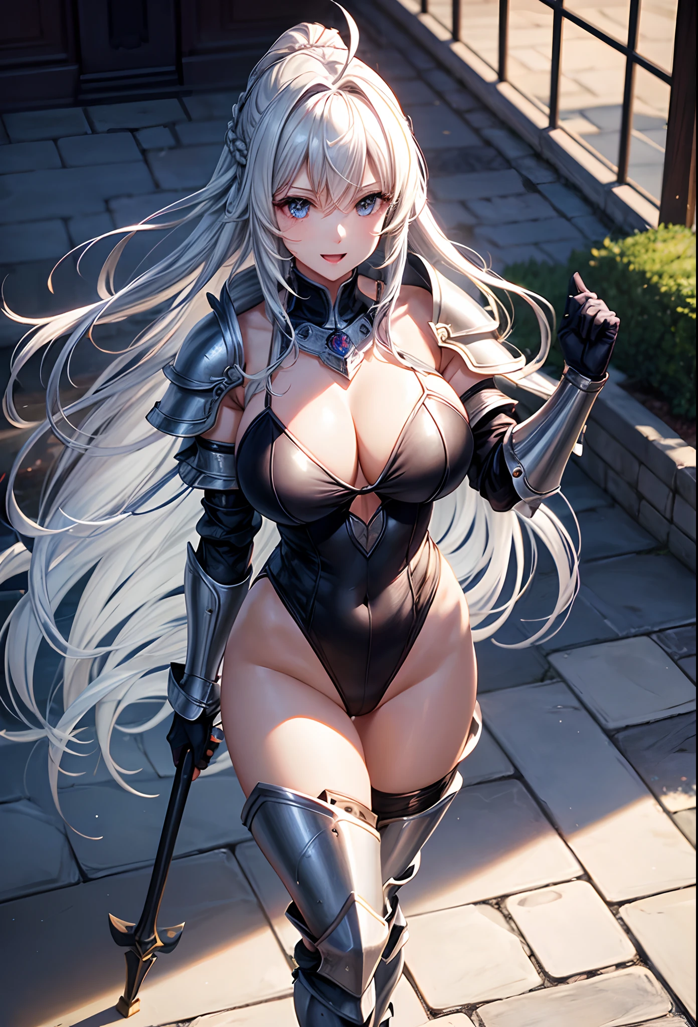 Woman knight、a beauty girl、huge tit、Excellent style、Nice Buddy、glamorous、leotard、s Armor、Shoulder rest armor、Bra chest armor、knee boots、gauntlets、hair adornments、silber hair、Longhaire、Ahoge、is standing、full body seen 、Medieval city、Walking、slightly open mouth、a smile、