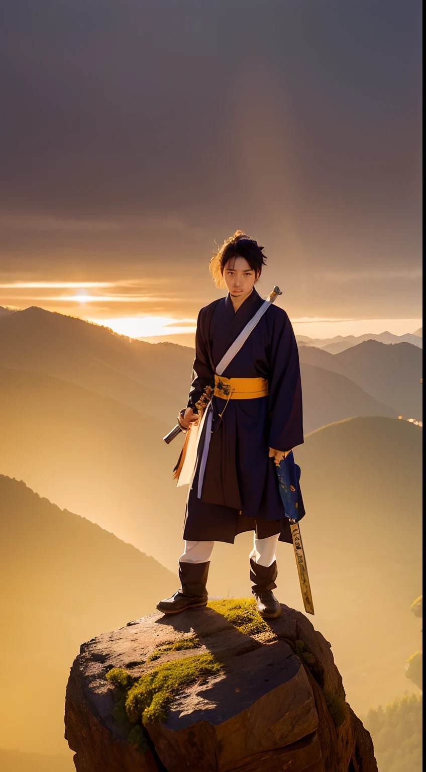 A young Taoist priest，Look to the right，Carrying a Dao sword on his back，Stand on the edge of a cliff at the top of the mountain，