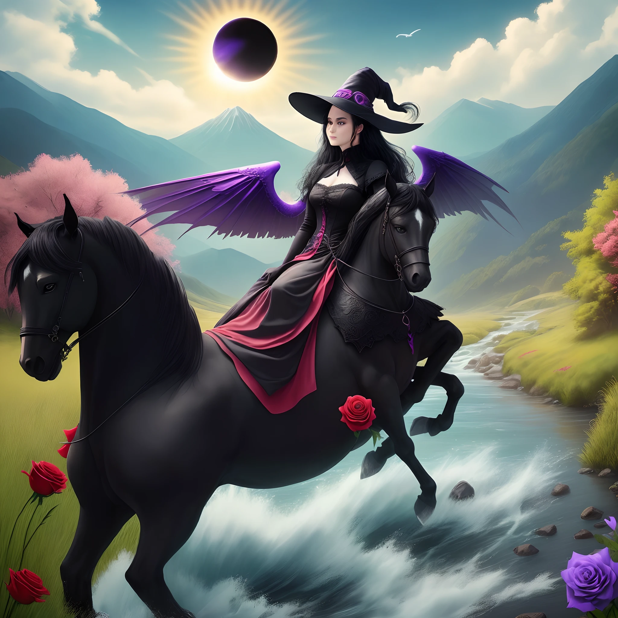 Realistic dream , a horse flying having two big powerful wings , the horse is pink and it's wings are blue,  a worrier lady is sitting on horse she has dark black hairs and her  dress is like a witch , Color of purple and black, she has a black ugly  cat near her , the background is bright and there is a black sun in sky , there are many shiny red roses around the ground is full of fresh grasses and there is a mountain and many rivers following down , there are some red fishes there the whole scene is bright and shining