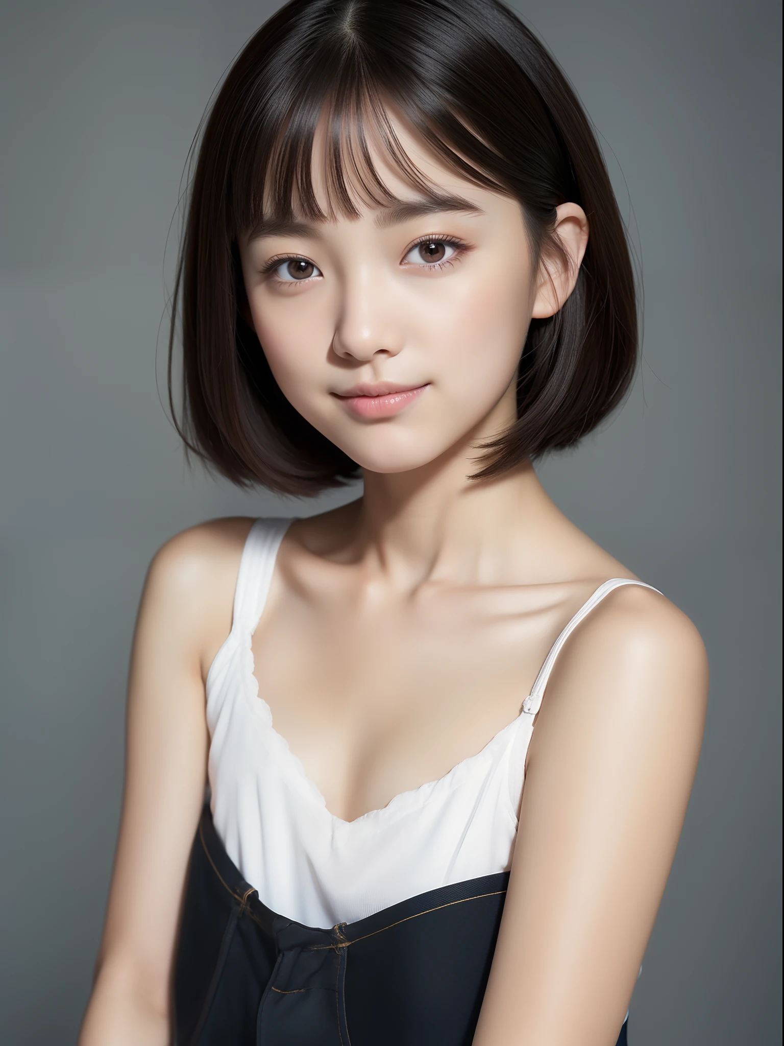 Neat and clean girl, petiterson, western clothes, (slim, Small, Flat, Small), Short black hair, Photorealistic, detail, Detailed skin texture, Ultra Detail, Wear black sandals, delicate sexy collarbone, Smile, Super Detailed Face, Detailed lips, Detailed eyes, 10years oirl、Delicate eyebrows、studio shoot、Little baby f Photography、watching at viewers、Horizont Studio