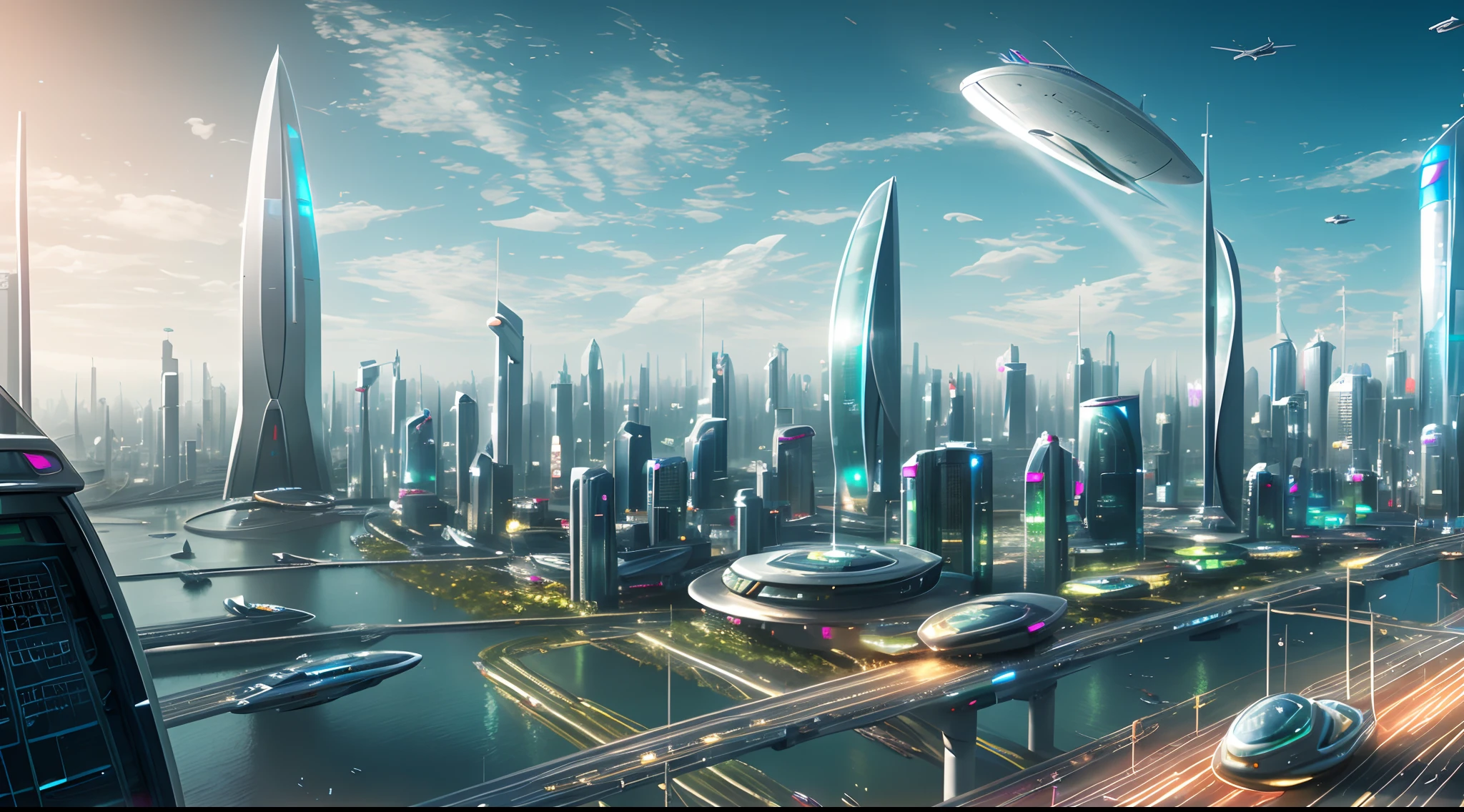 future-tech,Cidade futuristica,Future girl by the window,clean energy,Green environmental protection,Small flying machines sail around the city,Futuristic city with futuristic train and futuristic architecture at night, future concept art, Other future cities, in fantasy sci - fi city, Beautiful futuristic city, Utopian cities of the future, concept art 8 k resolution, concept art 8k resolution, The future city, futuristic space port, concept art 8 k, sci-fi hollywood concept art