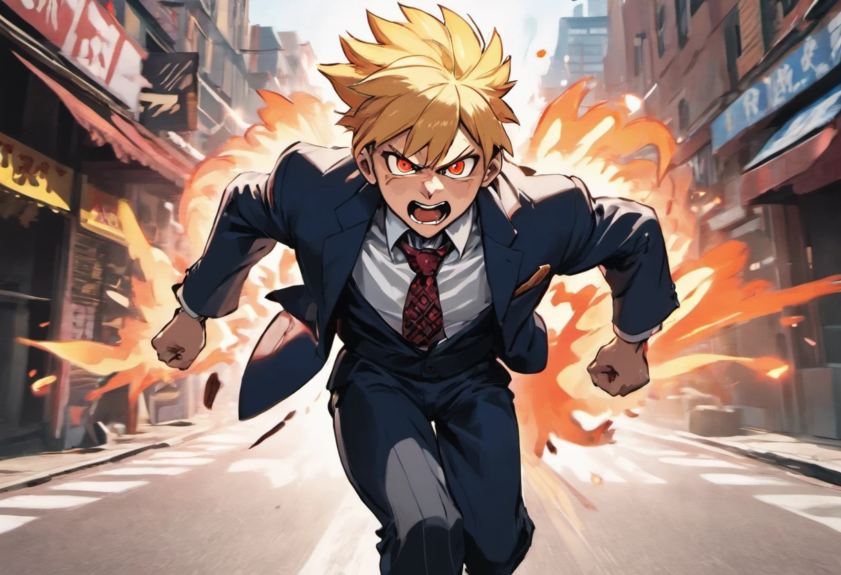satoru gojo running down the street, panting expression, in a suit