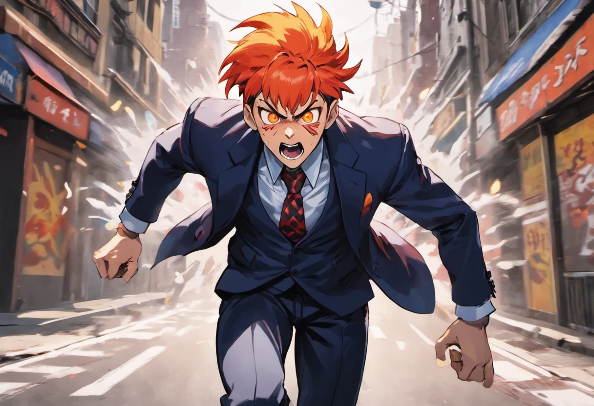 satoru gojo running down the street, panting expression, in a suit
