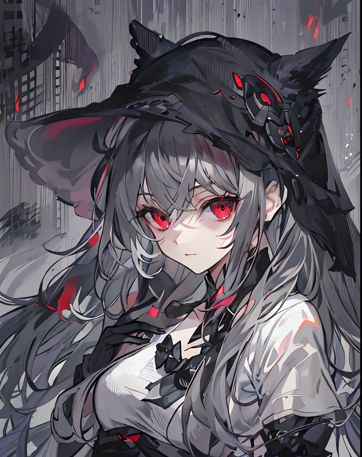 one girls，Solo，tmasterpiece，best qualtiy，Gray hair，Gray hair，Gray hair，Red Eyes，blackened，darkly，Scypress Scraper，Shadow stuff，Villain，sneering，Overlooking，Black Shadow，Viscous black liquid，shadowy，Black belly，steady，Barefoot