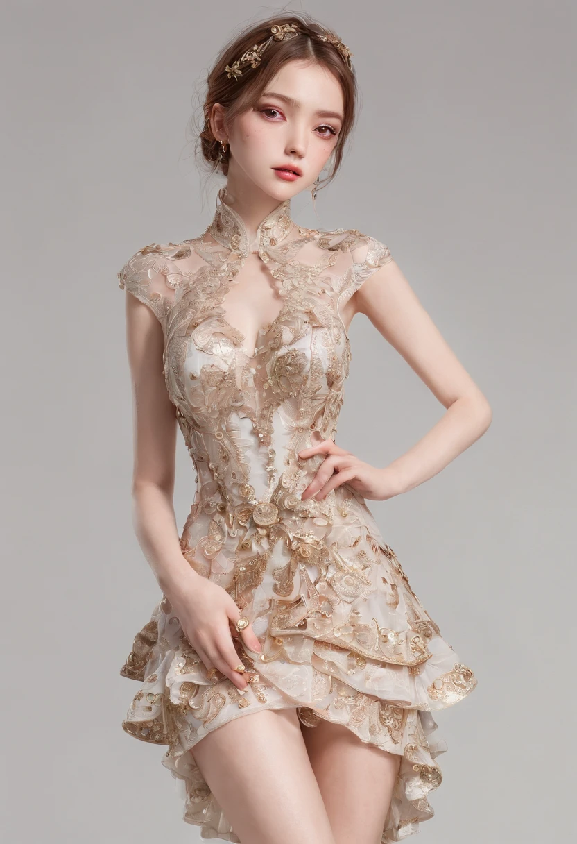 Best quality, Masterpiece, Complex clothing, Highly detailed costume background, full bodyesbian, individual, Detailed face, Detailed eyes, ((dress: 2)), (Complex clothing: 1.3), multi-layer, The candle melts, Rust, (Mechanical 1.2), Sequins, light material, Gauze material, Transparent, (Pattern pattern: 1.5 More), clothing wrinkles, Bright colors, Realistic style, (full body1.3), (Head to toe 2), Studio
