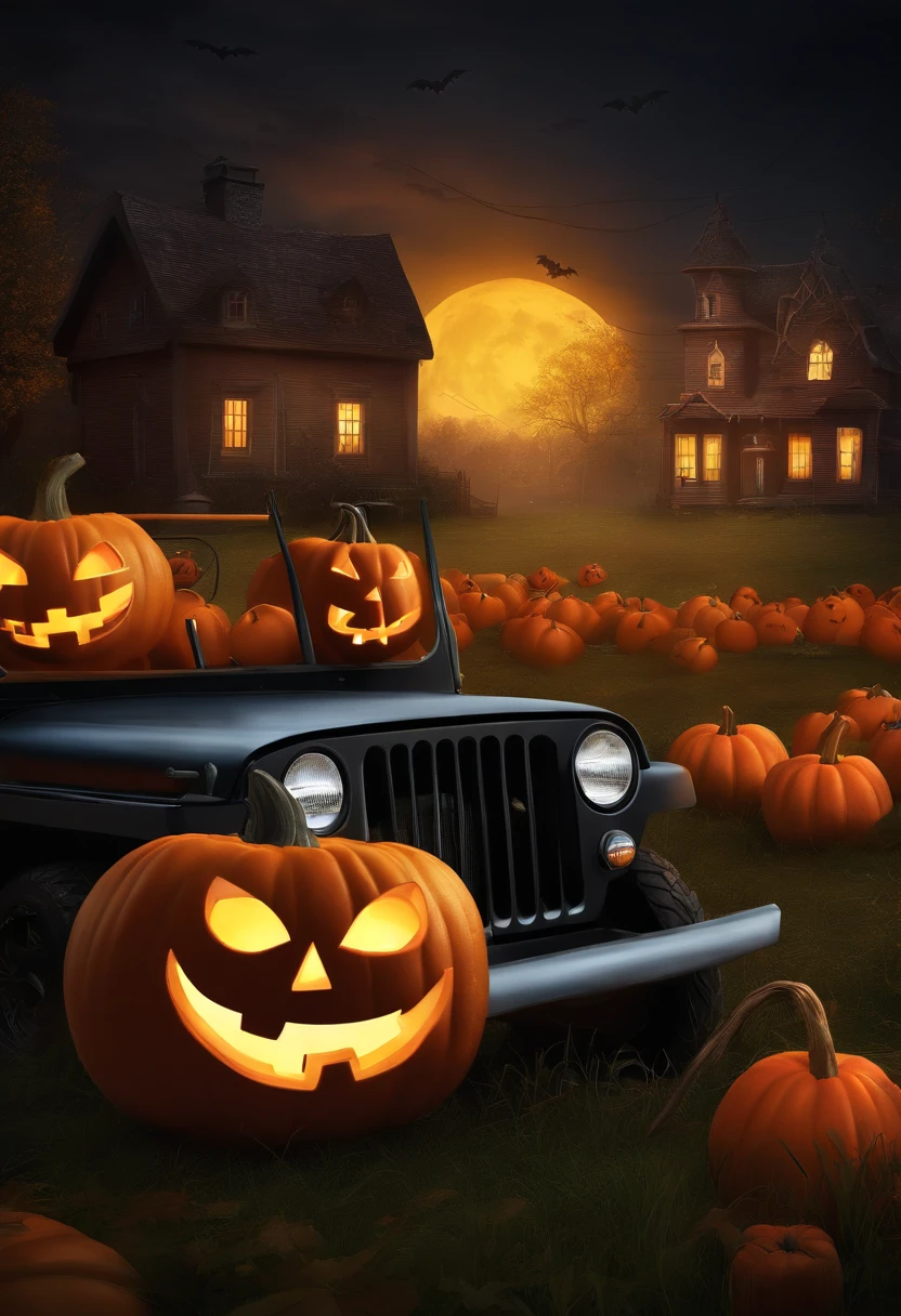 halloween pumpkins in a field with a house in the background, digital art by derek zabrocki, shutterstock, digital art, halloween theme, halloween atmosphere, spooky halloween theme, halloween celebration, spooky and scary atmosphere, haunted house themed, halloween night, spooky halloween night, halloween scene, scary night, jack - o'- lantern, halloween art style, trick or treat, red jeep in the center, street