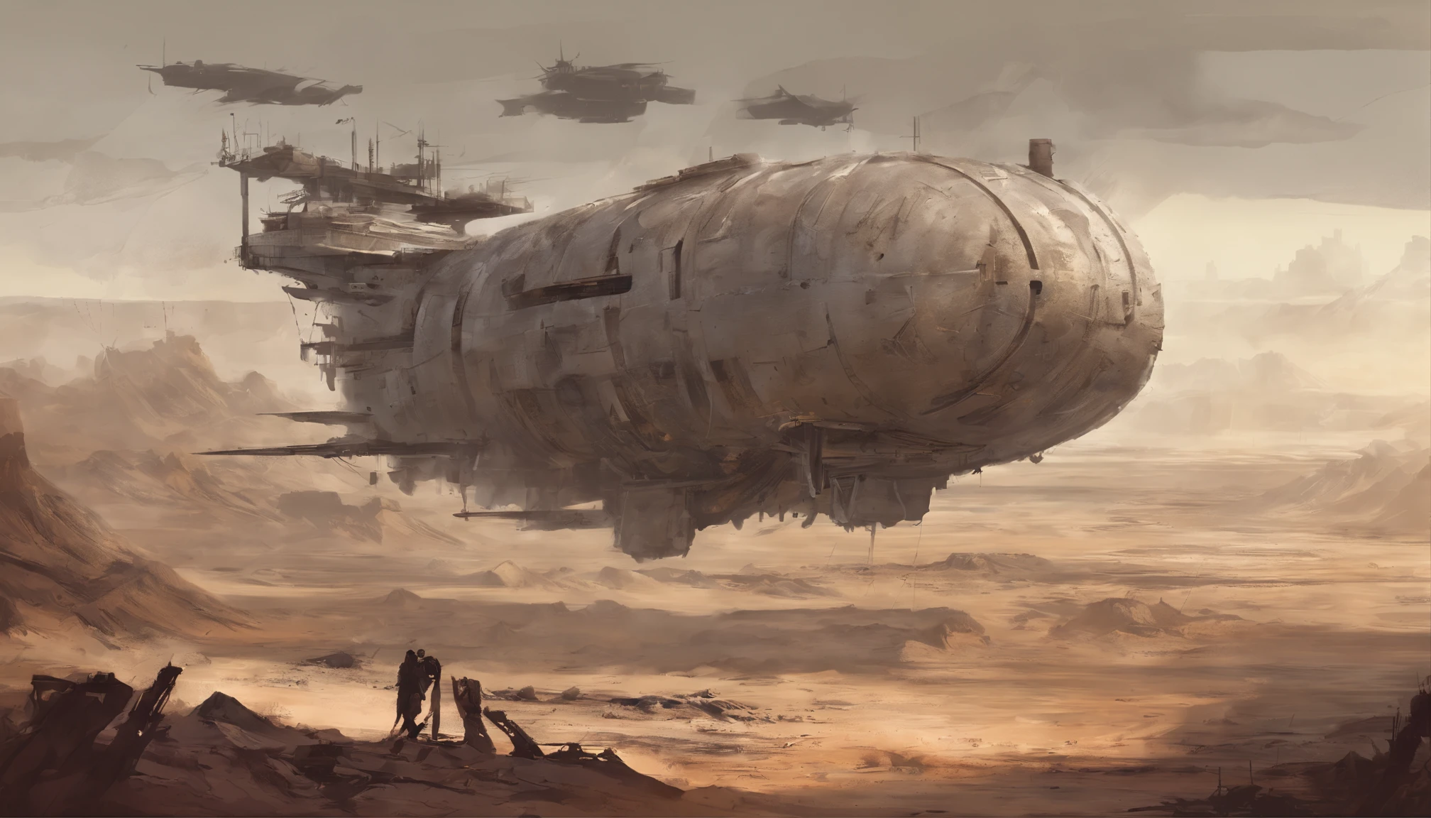 Post-apocalyptic wars, Shades of white, Nero, A desert , shadowing, Gloomy atmosphere, darkly, ((natta)), The breadth of the landscape, book cover，Wasteland，A desert，Dilapidated airship，Mechanical patches，Japanese style。