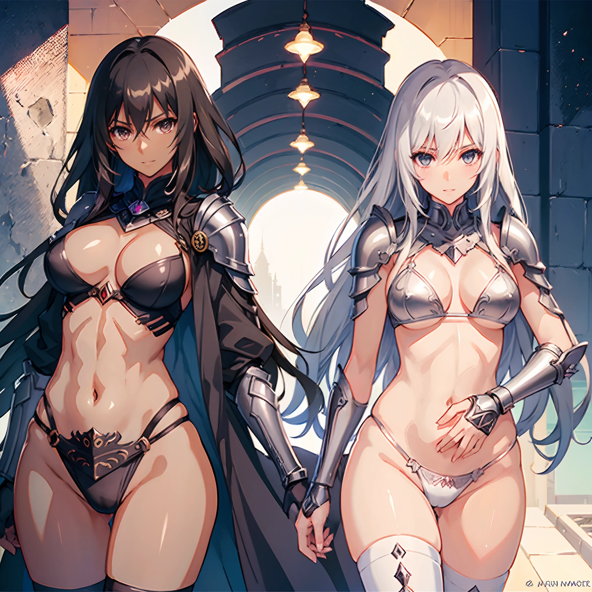 ((slanted eye)),(A MILF),(((maturefemale,adult woman))),Multiple girls,masutepiece, top-quality, ultra-definition, max resolution, A highly detailed,((((Dark skin)))), Extremely sexy,Large breasts,blush,high legs,thong,armor girl, bikini armor female knight, Bikini Armor, bikini-armor, bikini-armor, ornate bikini armor, Female knight, Gorgeous Female Paladin,Beautiful armor,cleavage,overknee socks,in the palace,Smile,Standing,groin,stylish pose