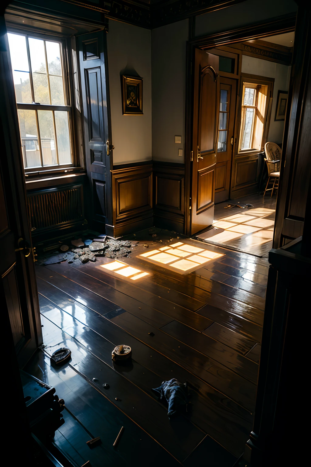 A room that belongs to an angry firy villain, scorched, dark, scary, fire on floor, mood is destruction, malevolence, jeopardy, fear, vulnerability, fleeing, demeaning.