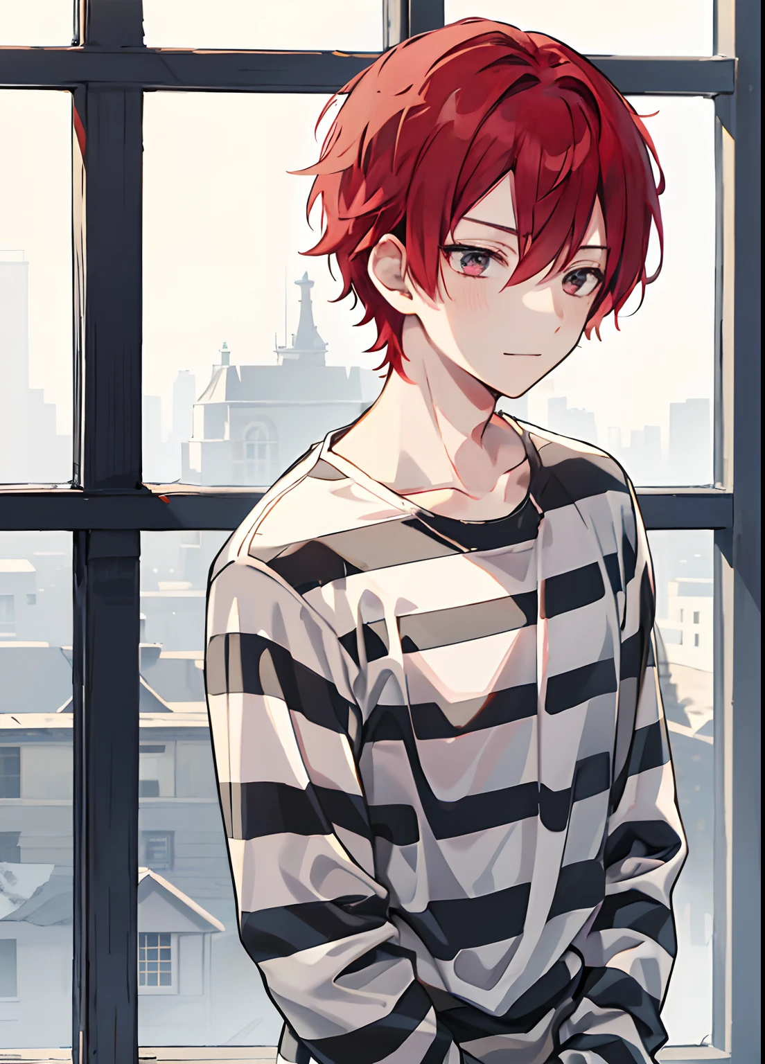 1boy, Handsome man,  Solo,Very short red hair, red hair, up looking_で_viewer, ((masutepiece,Best Quality)), Beautiful detailed eyes, beautifull detailed face、Sleepy face、sleepy expression、A slight smile, (((priclothes))), (((striped clothes))), shirt, outfit, (long sleeves), prisoner, clothes, clothing, black and white stripes, prison cell, young, tight clothes