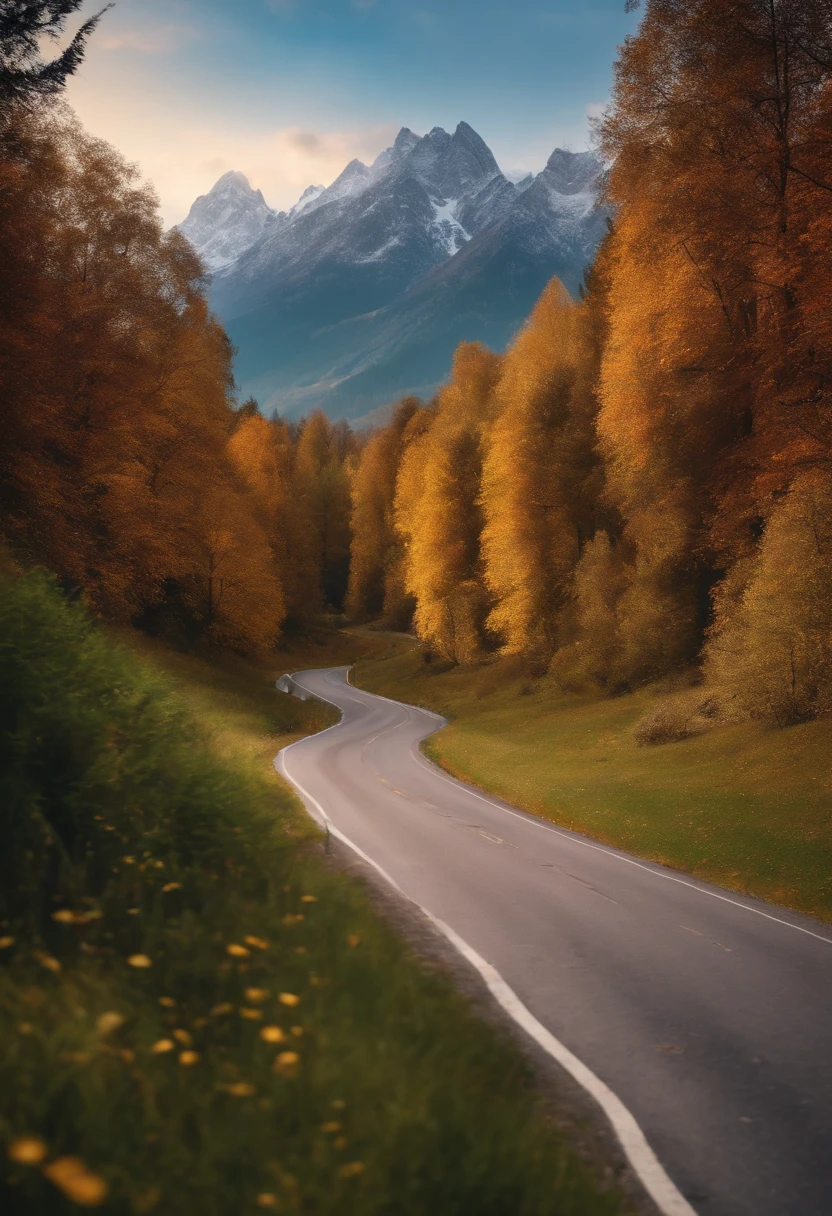 4k fotorrealista. Real background of a beautiful realistic landscape with mountains and trees but with the road in the foreground.