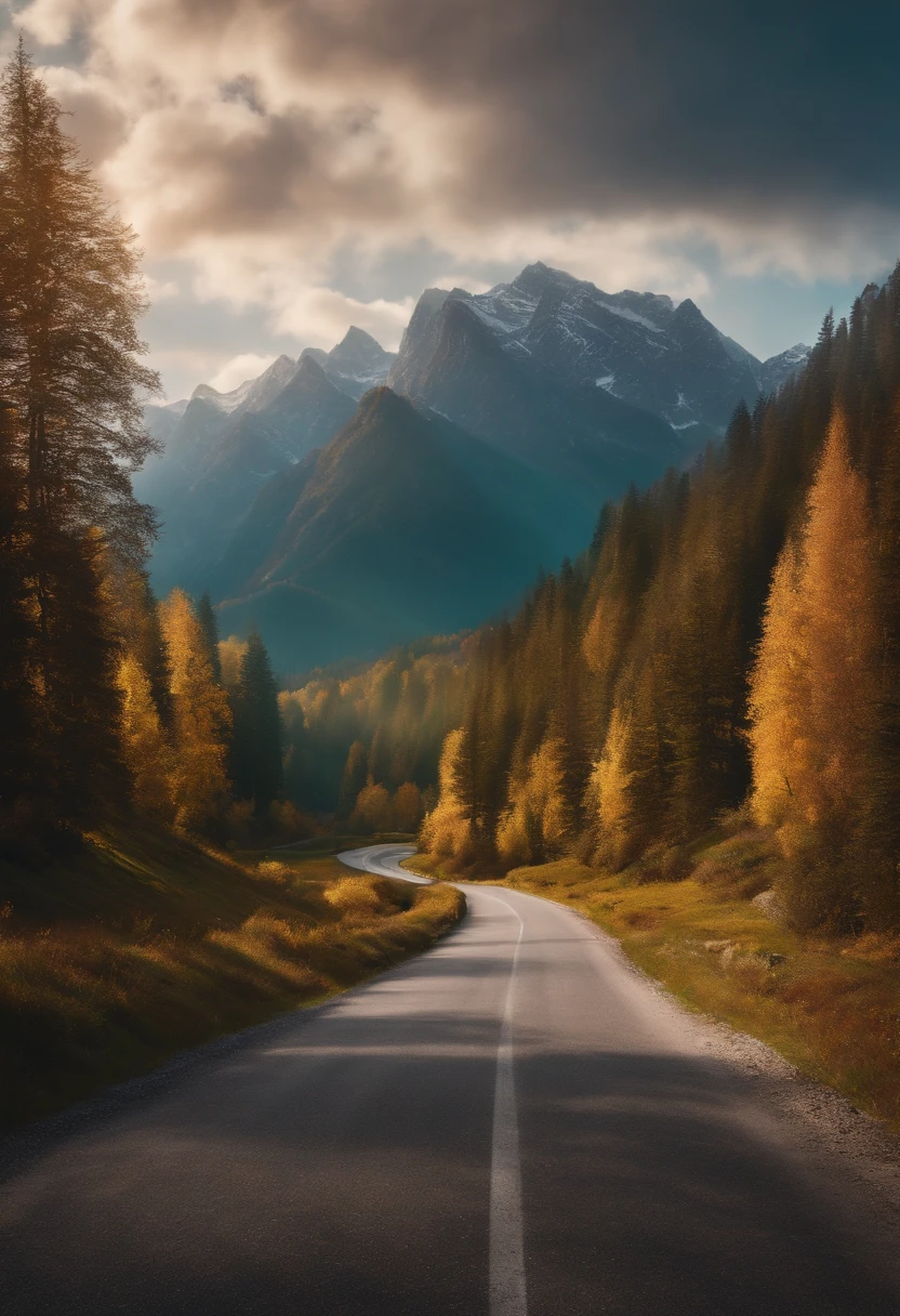 4k fotorrealista. Real background of a beautiful realistic landscape with mountains and trees but with the road in the foreground.