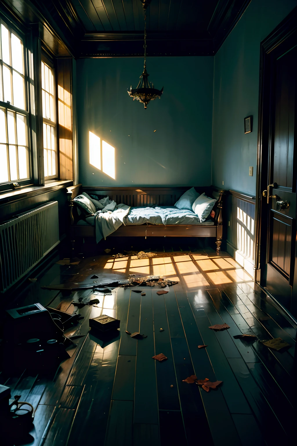 A room that belongs to an angry firy villain, scorched, dark, scary, fire on floor, mood is destruction, malevolence, jeopardy, fear, vulnerability, fleeing, demeaning.