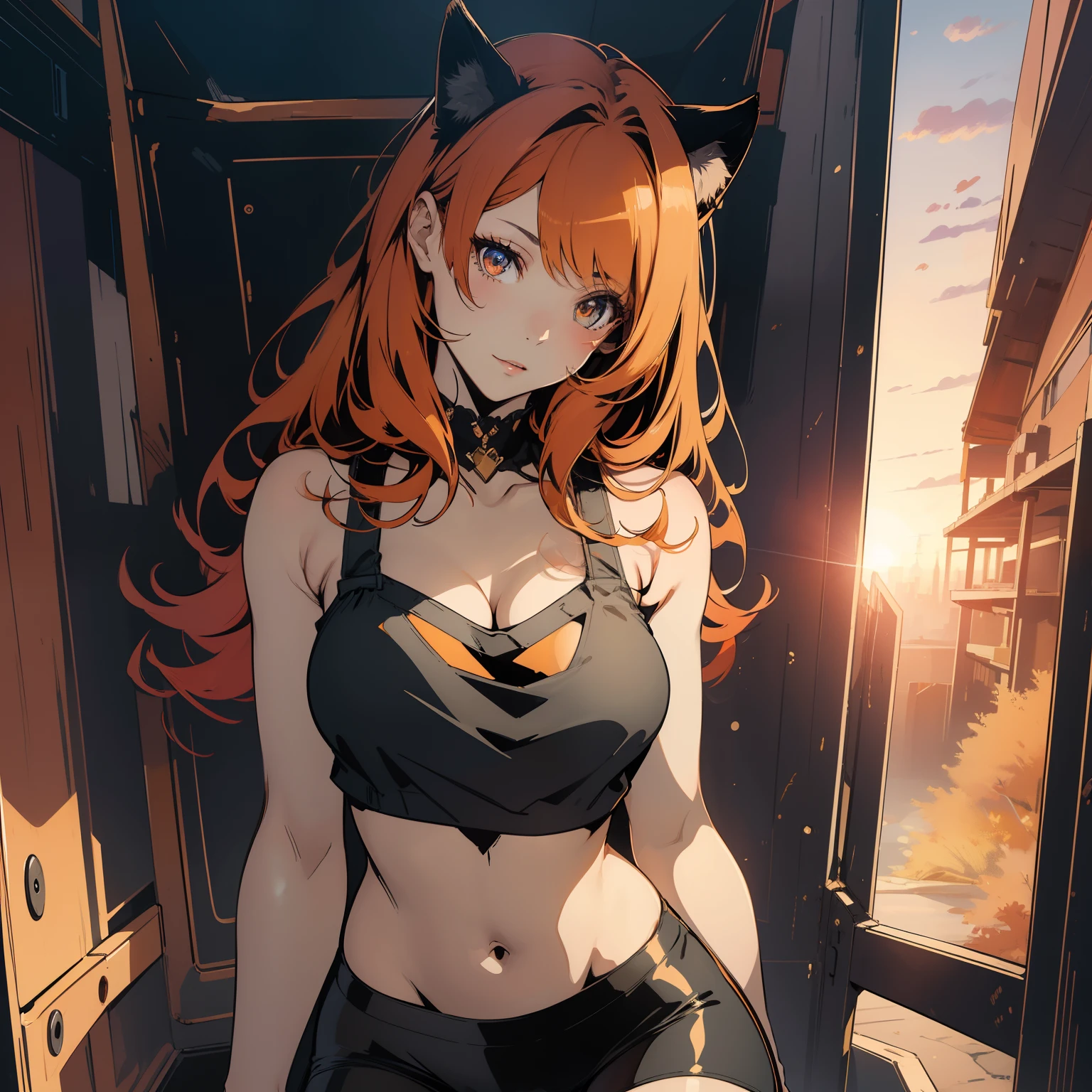 (finely detailed beautiful eyes and detailed face,masterpiece, full body shot, sidelighting,masterpiece,best quality,detailed,high resolution illustration), (1girl, solo, alone) alluring face and chest, big chest
(1girl,whole body,bishoujo,lustrous skin,looking down,looking at viewer),
(red hair,sunset orange eyes, cat-girl, ocre crop top, wearing bare black pantyhose)