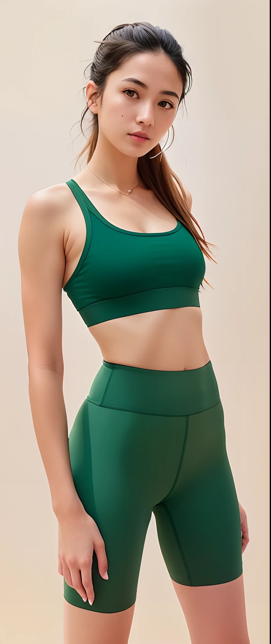 uma mulher de bermuda esportiva verde e um topo de corte, Topo de cabresto verde, topo de corte, sports bra, two piece workout clothes, Esporte bom, detailed sports bra, big leaf bra, roupas verdes, Topo de colheita, sport bra and shorts, roupas verdes, brassier, physical : tinyest midriff ever, usando um top cropped sexy, verde floresta, fotografia realista, fotografia, obra-prima, realista, Realismo, renderizado, Alto contraste, Arte Digital, fotográficorealista, trend in Artstation 8k HD, high definiton, circunstanciado, Realistic, detalhada, textura da pele, hiperdetalhada, Textura realista da pele, melhor qualidade, ultra high-resolution, (fotografia realista: 1.4), alta resolução, detalhada, fotografia crua, Crisp resolution, Nikon d850 filme, fotografia de stock 4, Kodak Portra 400 Camera F1 Lens.6, textura hiper realista, lighting dramatic, Unrealistic trend in Artstation Cinestill 800, RAW.