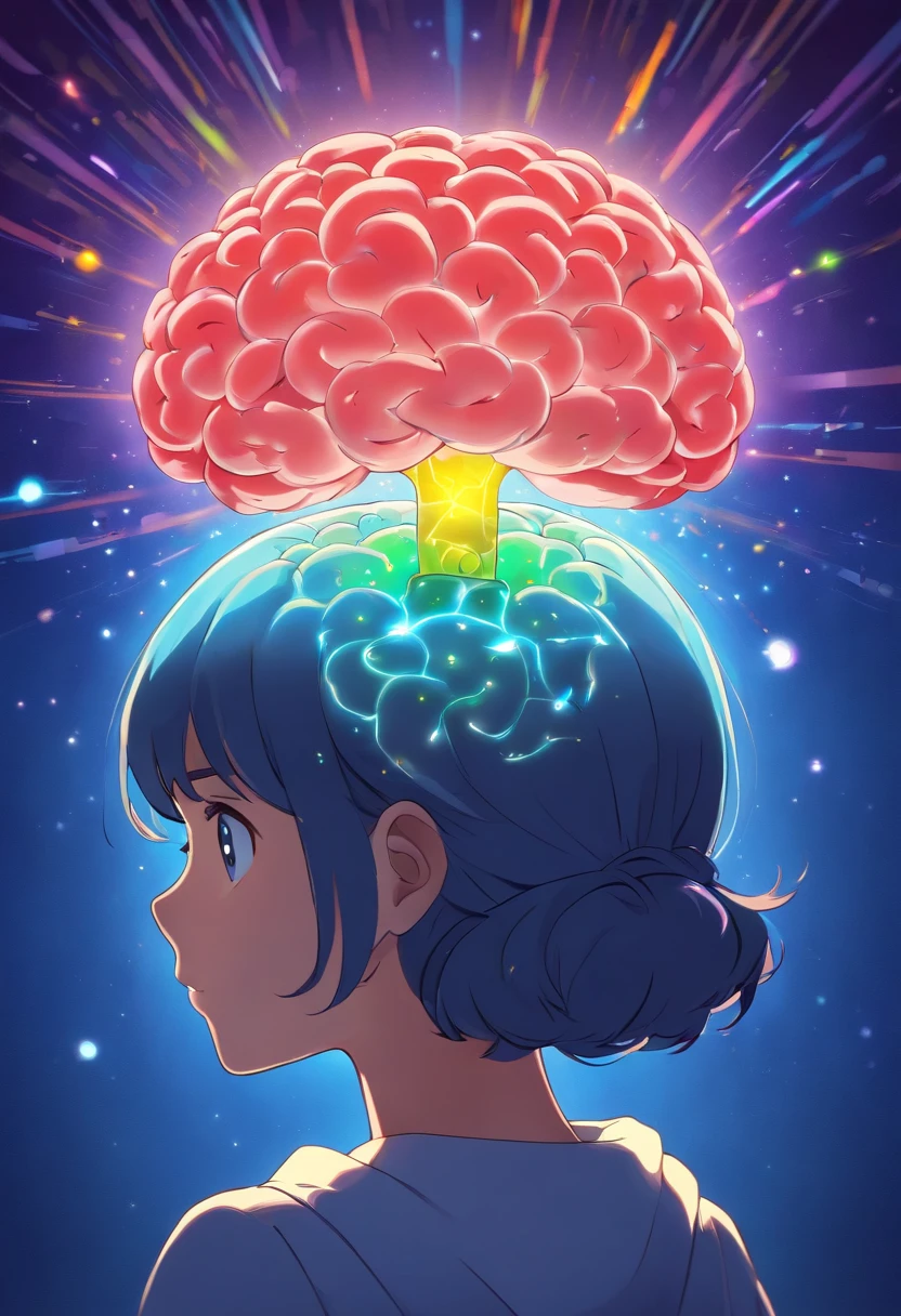 Silhouette or image of a brain with a bright dot in the center representing cognition or insight, complementado por elementos que simbolizam o conhecimento e a aprendizagem, like books or a light bulb.