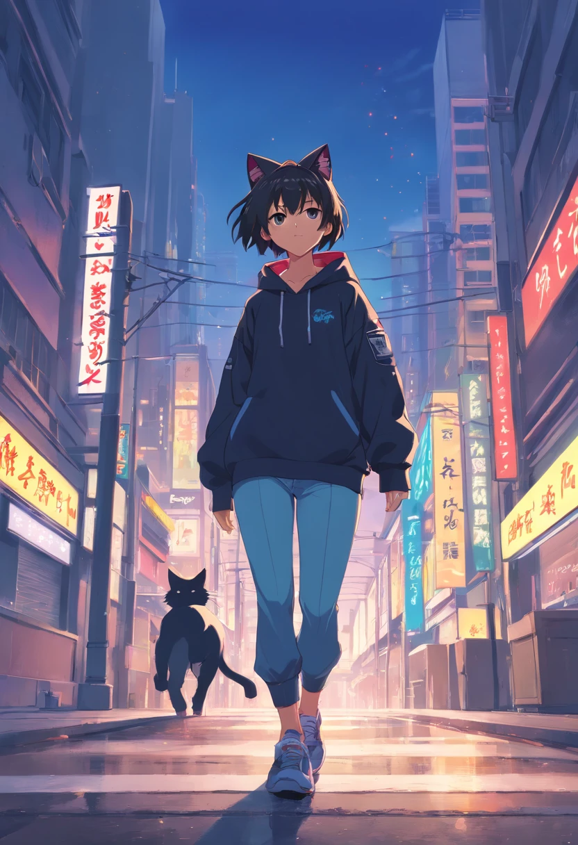((Raw foto)), ((masterpiece)), Wearing an anthropomorphic humanoid black cat (((streetwear clothes))), a person々Furiously walking between, intricate detailes, Complex Griebles works, The city behind, muscular body, (((big muscle))), Muscular arms, (small head), Giant Demon, Titan Soft Lighting, A hyper-realistic, softlighting, Ominous environment